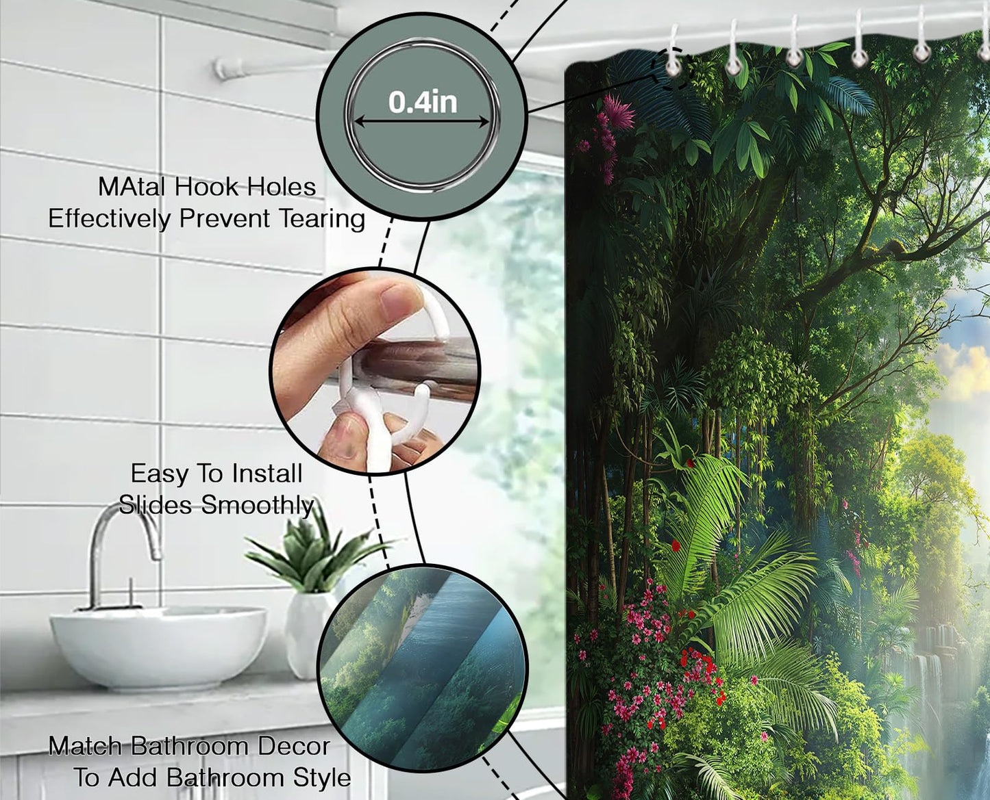 Rainforest Waterfall Shower Curtain Green Nature Forest Waterfall Wild Animal Leopard Parrot Tropical Plant Jungle Scenery Bathroom Fabric Curtain with Hooks,70x70 Inches