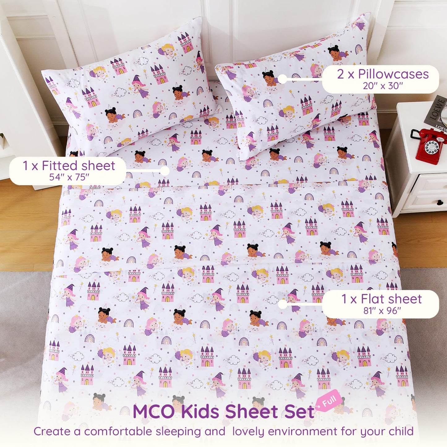 MCO Fairy Castle Kids Full Size Bed Sheets, Soft Microfiber 4 Pieces Breathable Bed Sheet Set for Boys and Girls