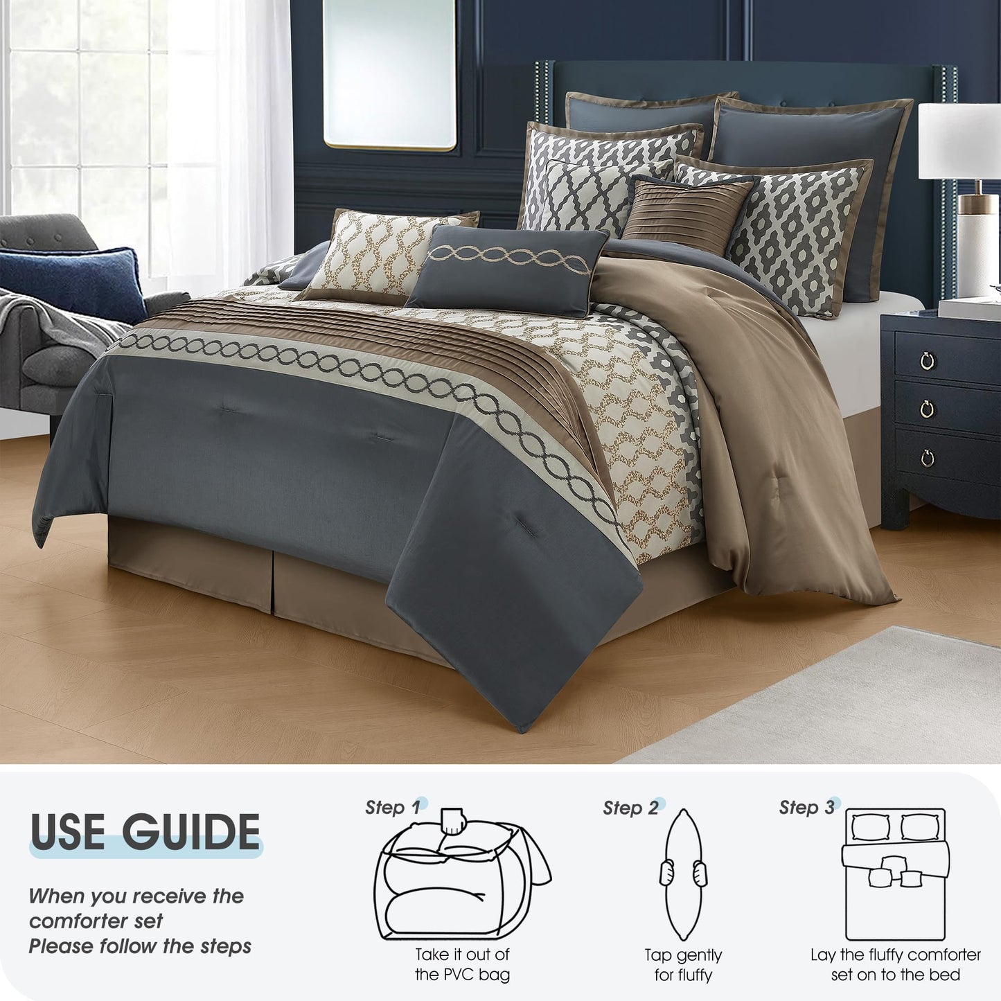 LANCO MODERN LIFESTYLE Queen Comforter Set, Grey Brown, 10 Piece Bed in a Bag for All Seasons, Luxury Extreme Comfort Bedding Sets with Bedskirt, Pillow Shams, Euro Shams and Decor Pillows