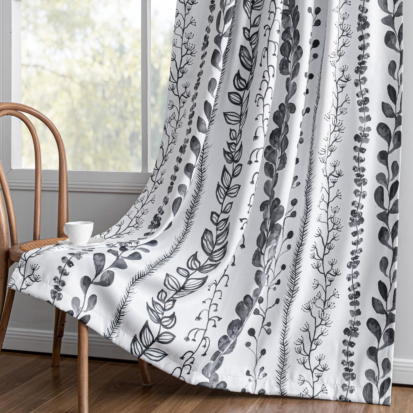 MEETSKY Boho Blackout Leaves Patterned Curtains 84 Inch Long 2 Panels Set for Bedroom, Room Darkening Dark Grey Drapes for Living Room, Thermal Insulated Rod Pocket Back Tab Window Treatment, 50"Wide