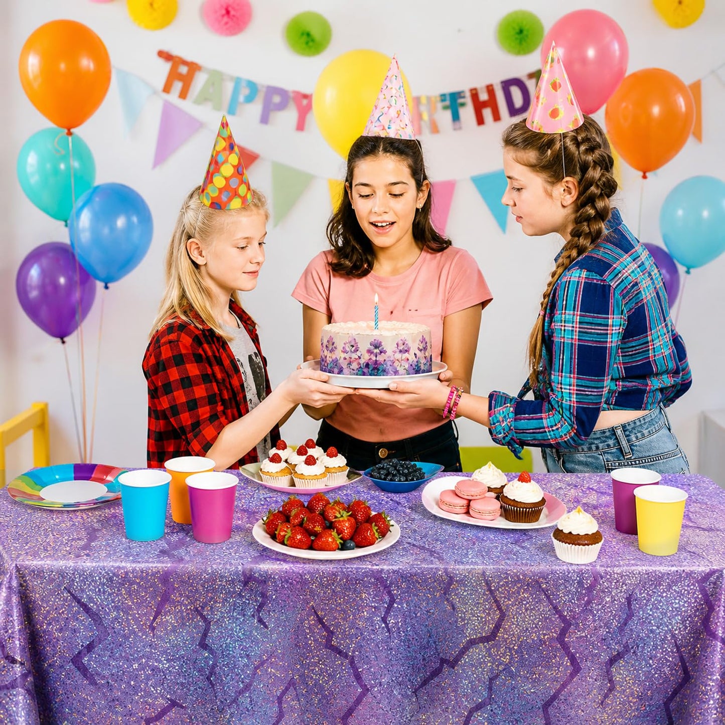 LHFYACI K-Style Birthday Decorations, Holographic Laser Tablecloth, 3 Pack Purple Shiny Lightning Disposable Table Covers for Birthday, Bridal Shower, Bachelorette, Disco Party, 54x108 Inch