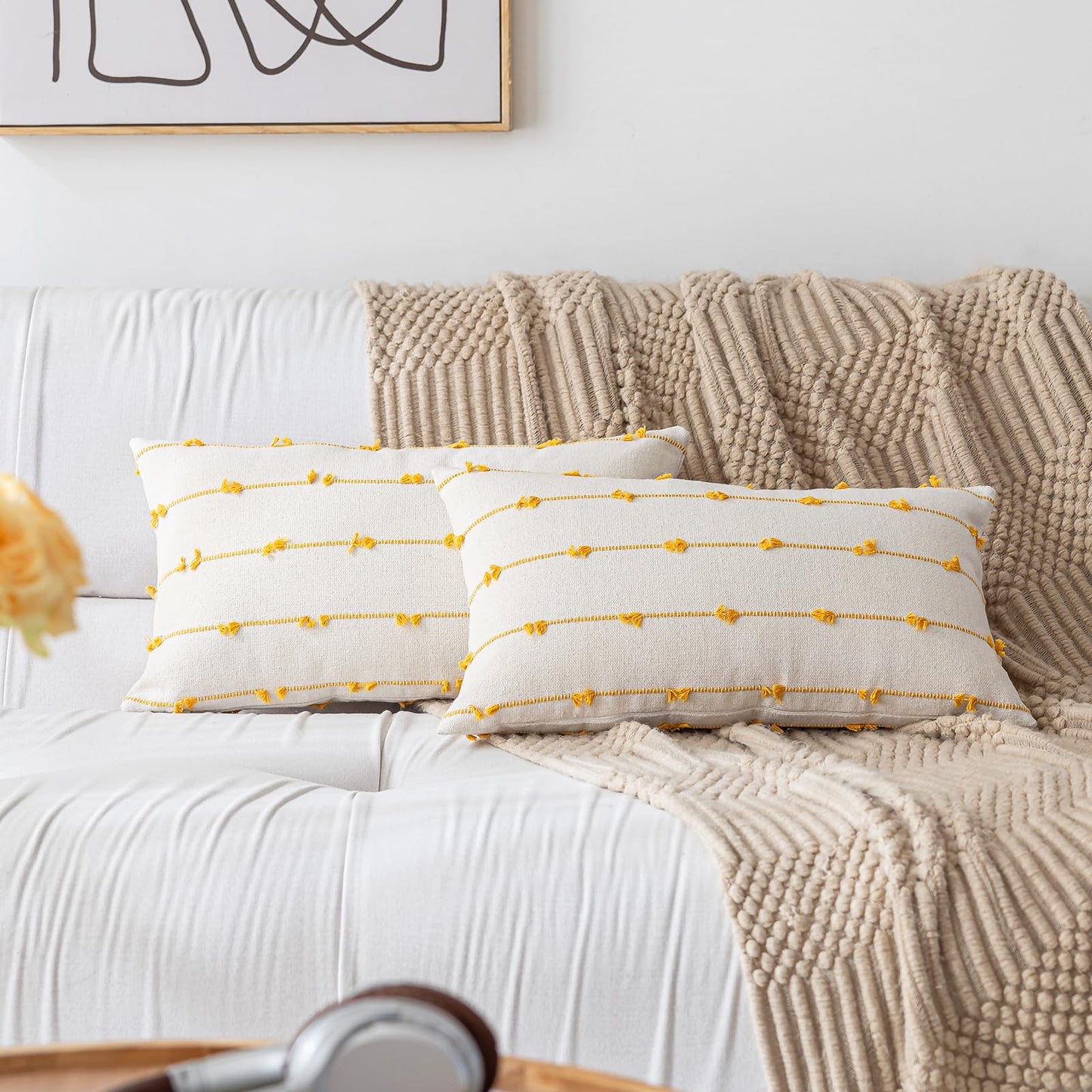 YEENAASY Boho Throw Pillow Covers 12x20 Set of 2 Modern Farmhouse Decorative Cushion Case Tufted Linen Square Pillows Cover Neutral Pillow Cases Accent Pillowcase for Sofa,Couch,Bed,Beige and Yellow