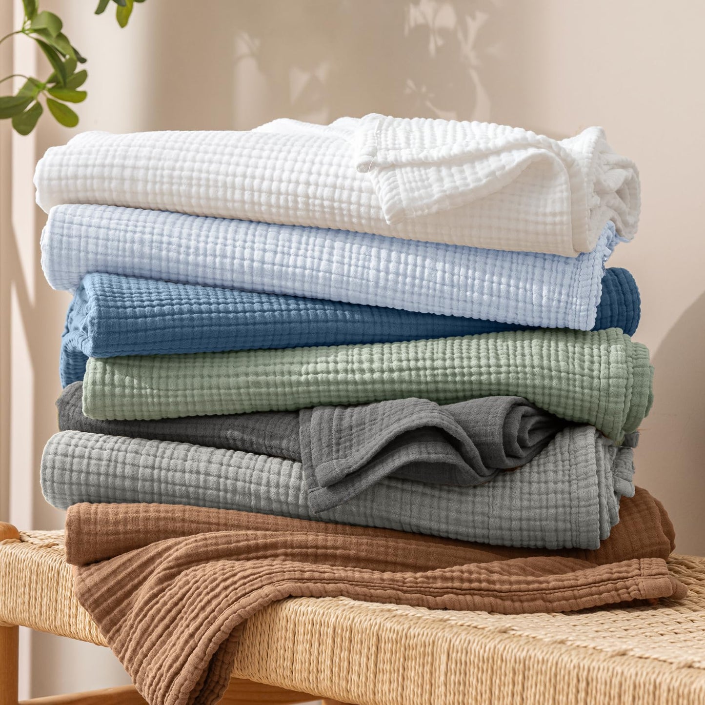 PHF 100% Cotton Muslin Throw Blanket 50" x 60", 4-Layer Lightweight Gauze Throw, Breathable Cloud-Soft Minimalist Blanket for Bed, Couch, Camping & Baby, White, Ideal Gift