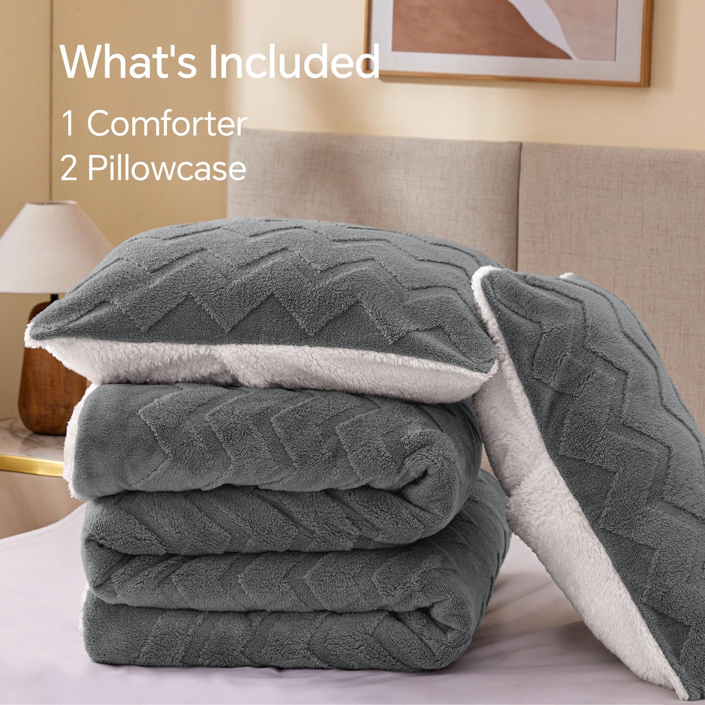 BEDELITE Fluffy Queen Comforter Set - Super Soft Sherpa Grey Comforter for Queen Size Bed, Luxury Warm Bedding Set for Winter, Fuzzy Bed Set 3 Pieces (1 Comforter, 2 Pillowcases)