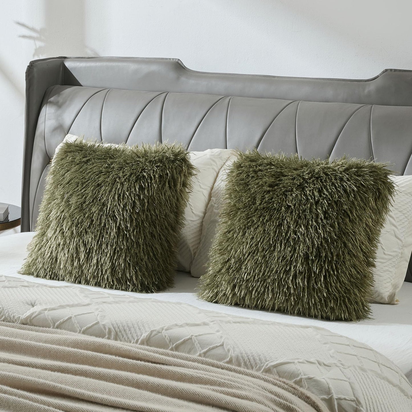 FUTEI Pack of 2 Shaggy Mongolian Faux Wool Throw Pillow Covers 18x18 Inch Soft Fluffy Farmhouse Decorative Cushion Case for Couch Bed Living Room, Olive Green