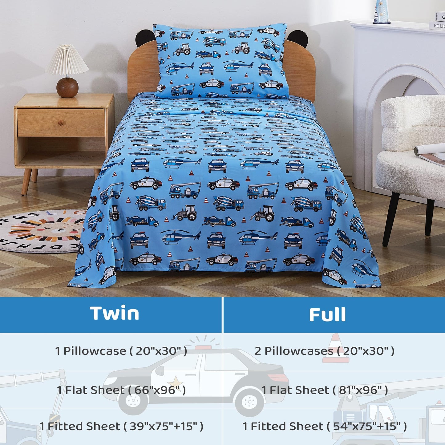 Viviland 3 Pieces Boys Police Car Twin Sheet Set - Soft Microfiber Fitted Flat Sheets & Pillowcase Bed Sheet Set - Blue Airplane Print Bedding Sets for Kids