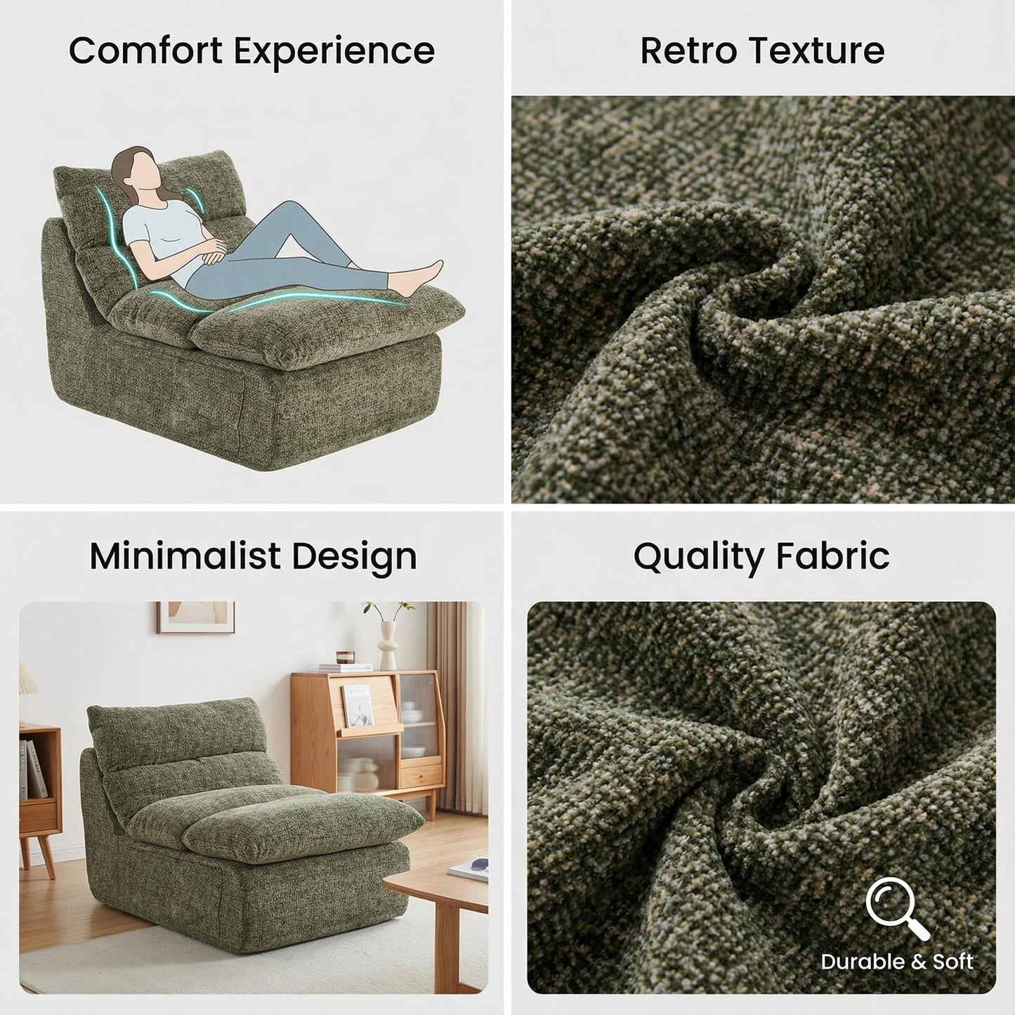 Furnimart High Density Foam Bean Bag Chair for Adults, XXL Boneless Floor Lounger with Ergonomic Back Support, No Sag Compression Foam, No Assembly, Washable Chenille Cover (Olive Green)