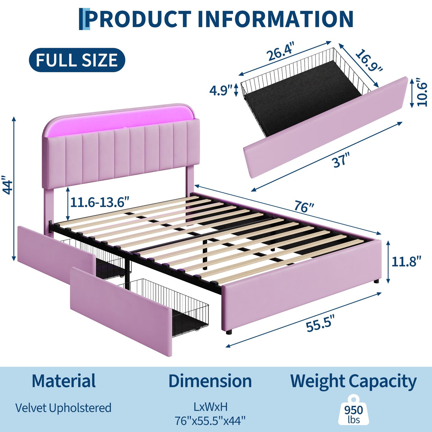 Garvee Full Size Bed Frame with 2 Flexible Drawers, Upholstered Platform Bed Frame with Bookcase Headboard and LED Lights, Kids Bed for Girls, Easy Assembly, Noise Free, Purple