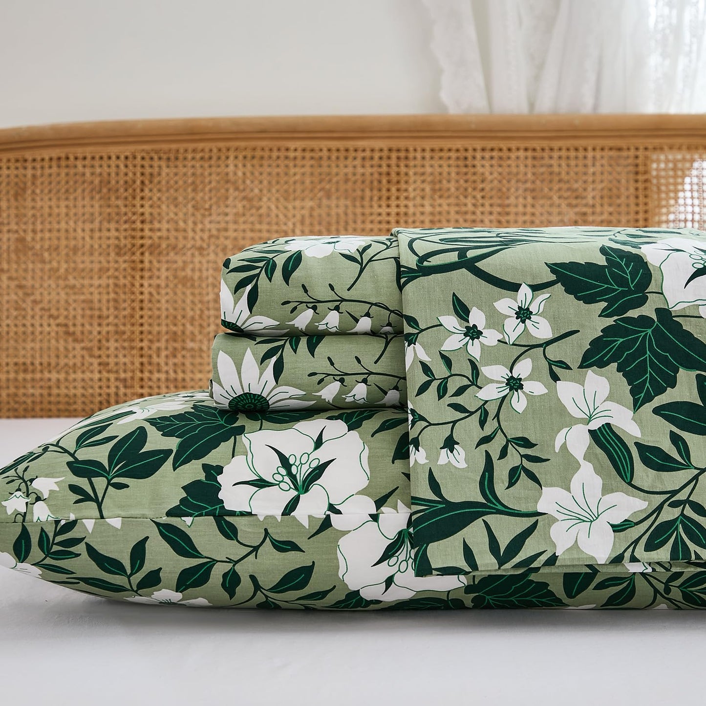 Cozaline 100% Cotton Sheet Set Queen Size – 4-Piece Luxury Forest Green Floral Bedding, Soft Breathable Percale Weave, Deep Pocket Fitted Sheet 17.5", Crisp Cool Feel, Refined Botanical Elegance