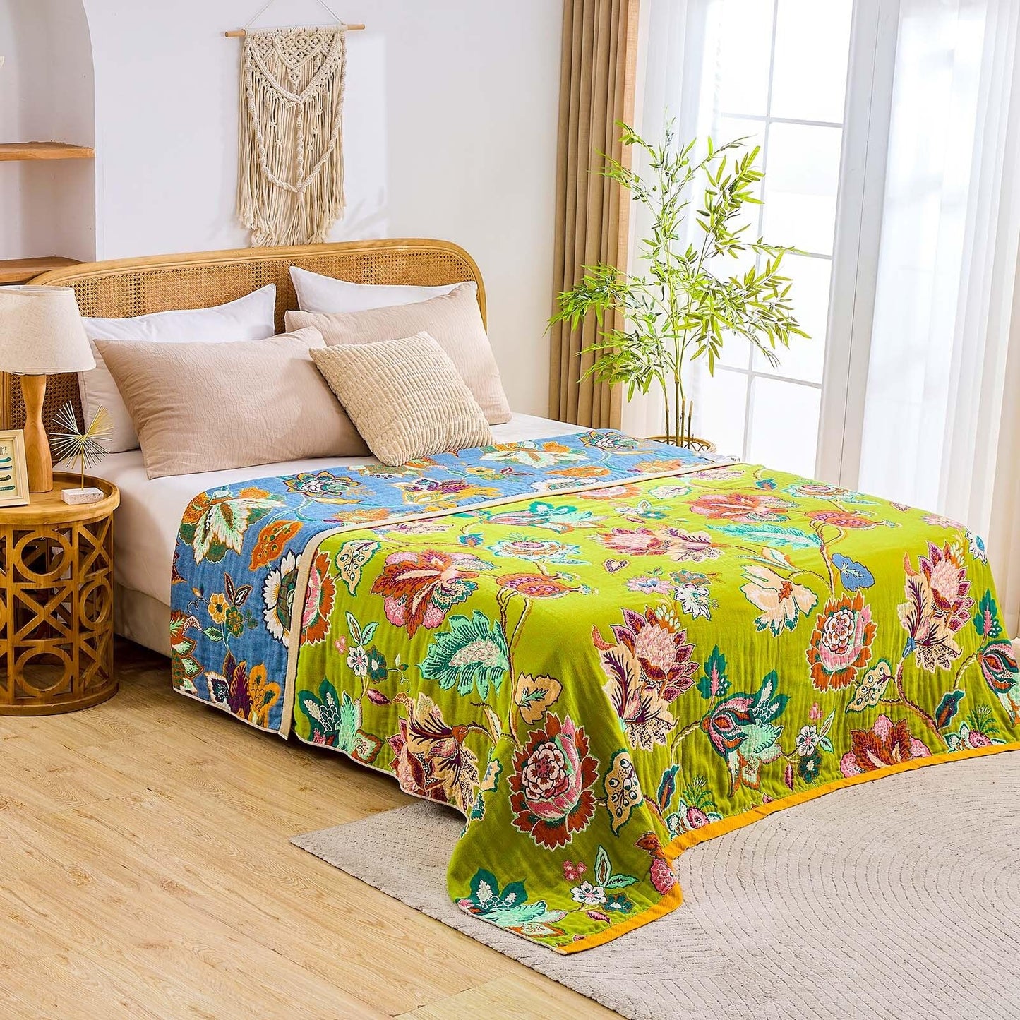 XIBLC Fall Throw Blanket, 100% Cotton Soft Rustic Boho Throw Blanket for Bed, 60"x80" Farmhouse Decor Bed Flower Blankets, Light Weight Reversible Bohemian Throw Quilt