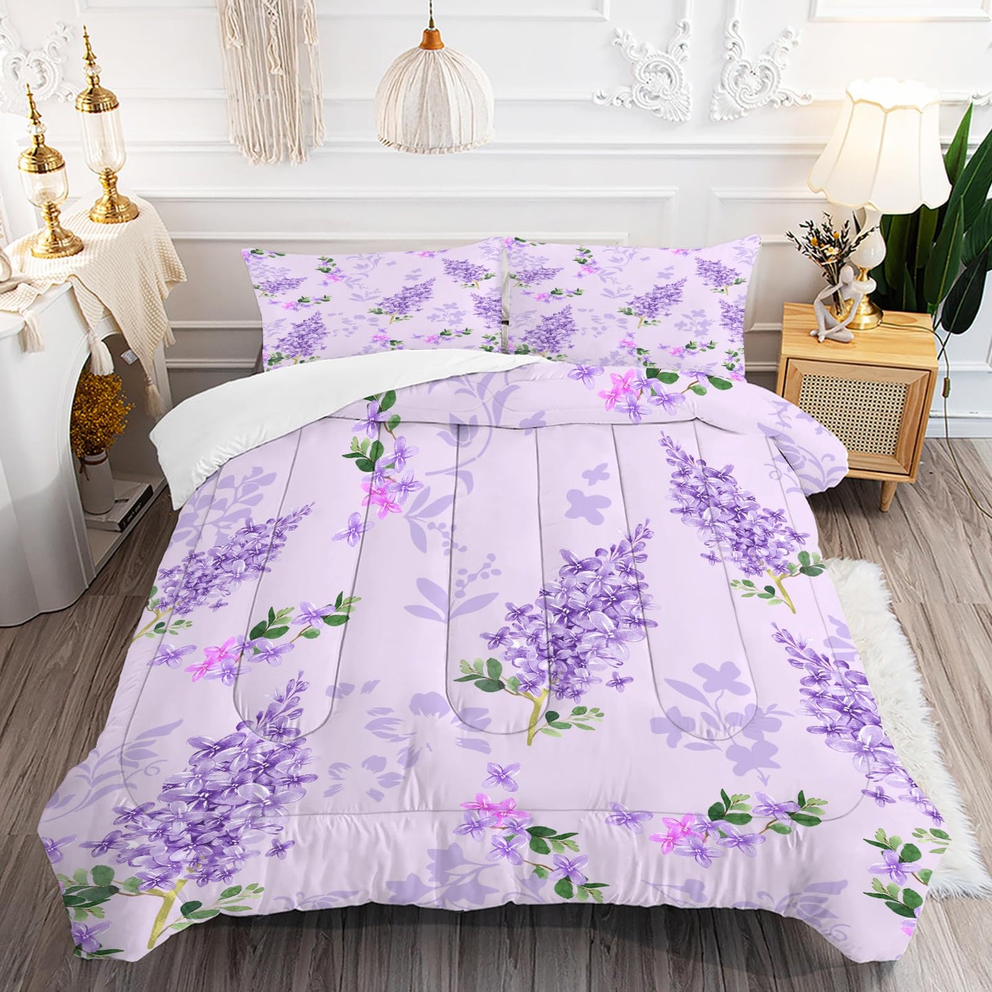 FUYEUN Floral Bedding Set Full : Purple Lilac Flower Comforter Set for Girls Women Kids Teens Bedroom Bed Bedspread Quilt,1 Comforter,2 Pillow Cases