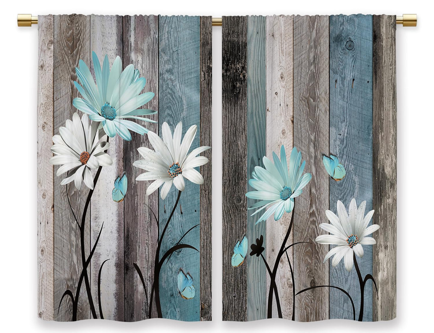 Laifzere Teal Farmhouse Daisy Kitchen Curtains Wooden Flower Small Short Cafe Window Curtains Rustic Floral Butterfly Country Bathroom Drapes Treatment Tier Curtains 2 Panels (27.5x39 Inch)
