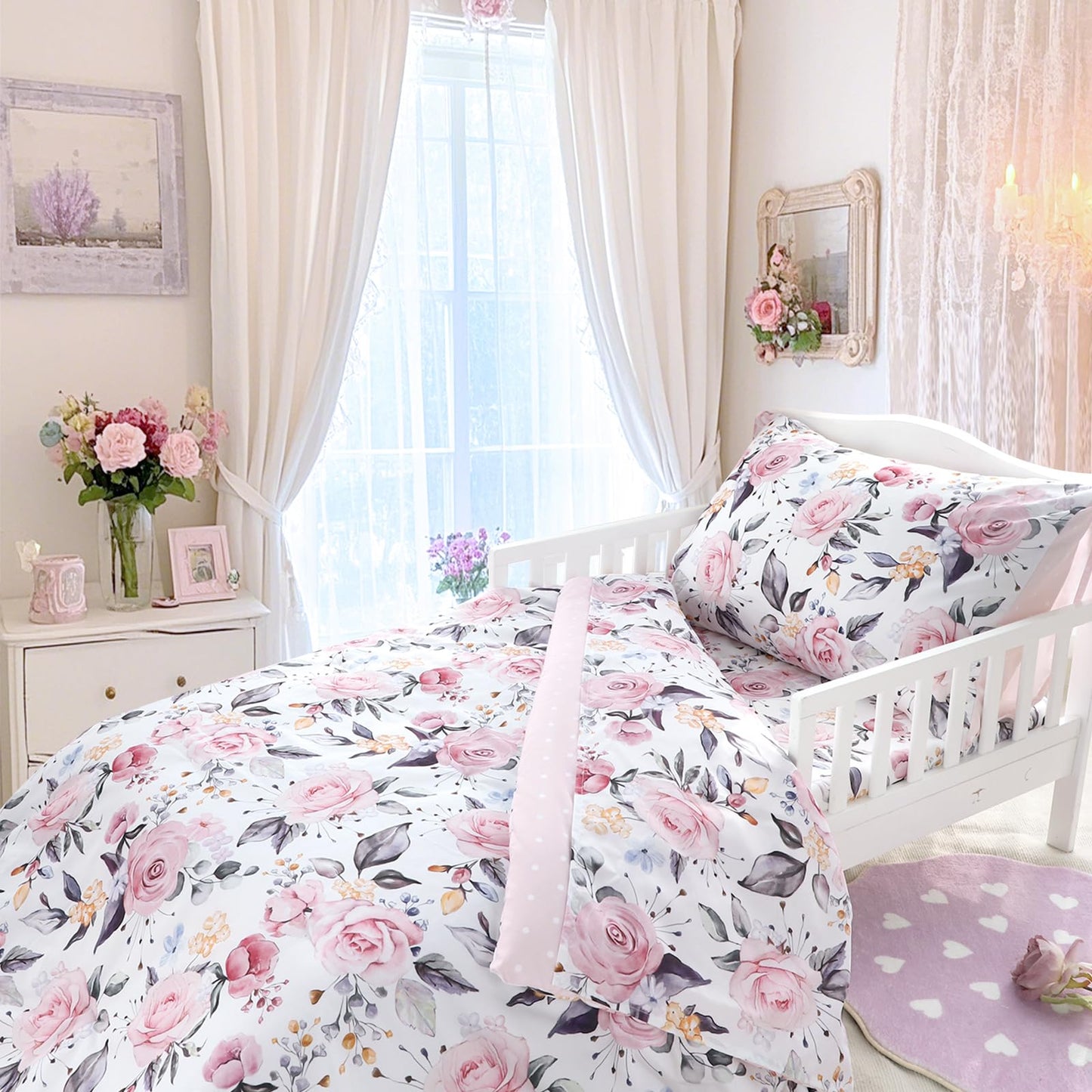 Pea Pod Toddler Bedding Set for Girls, 4 Piece Soft & Breathable Floral Crib Bedding Set, Bed-in-A-Bag Toddler Microfiber Sheet Set, Includes Comforter, Flat Sheet, Fitted Sheet, Pillowcase, Pink