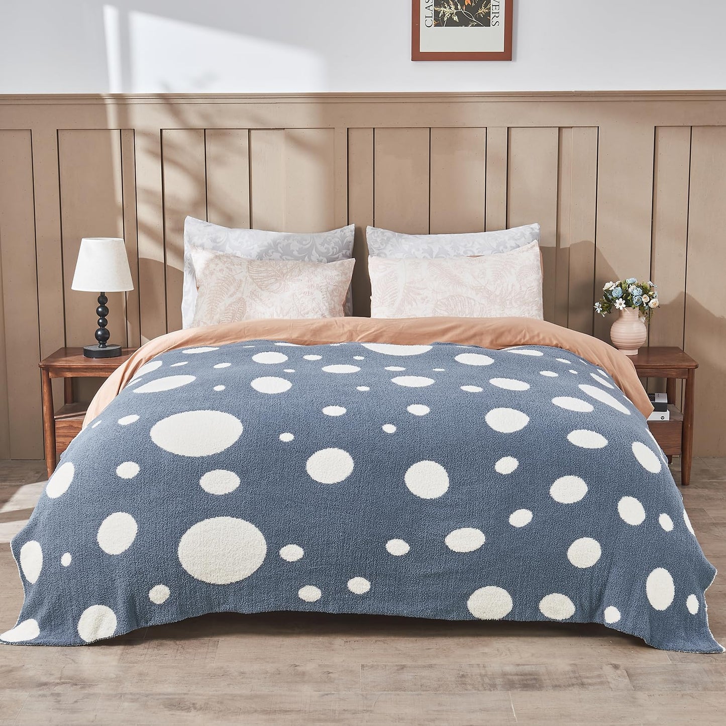 Douceur Polka Dot Throw Blanket for Couch Sofa Bed, Reversible Cozy Fluffy Super Soft Bedroom Blanket, Plush Dusty Blue Throw Blanket, 50×60 inches