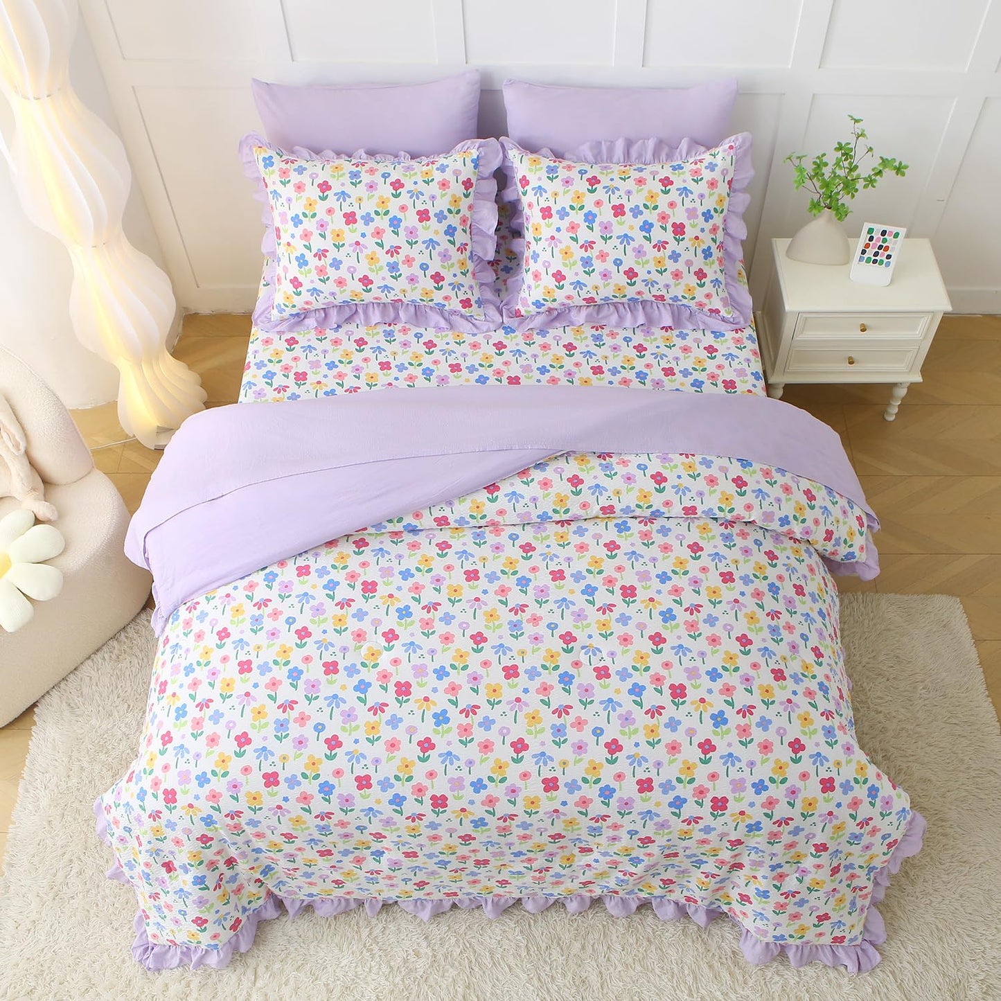 Gusuhome 7 Piece Girls Floral Bedding Set Twin/Full Size Reversible Comforter Bed in a Bag for Kids Soft Purple Floral Bedding with Sheets Bed Skirt Ruffled Floral Pillowcases for Teens Bedroom