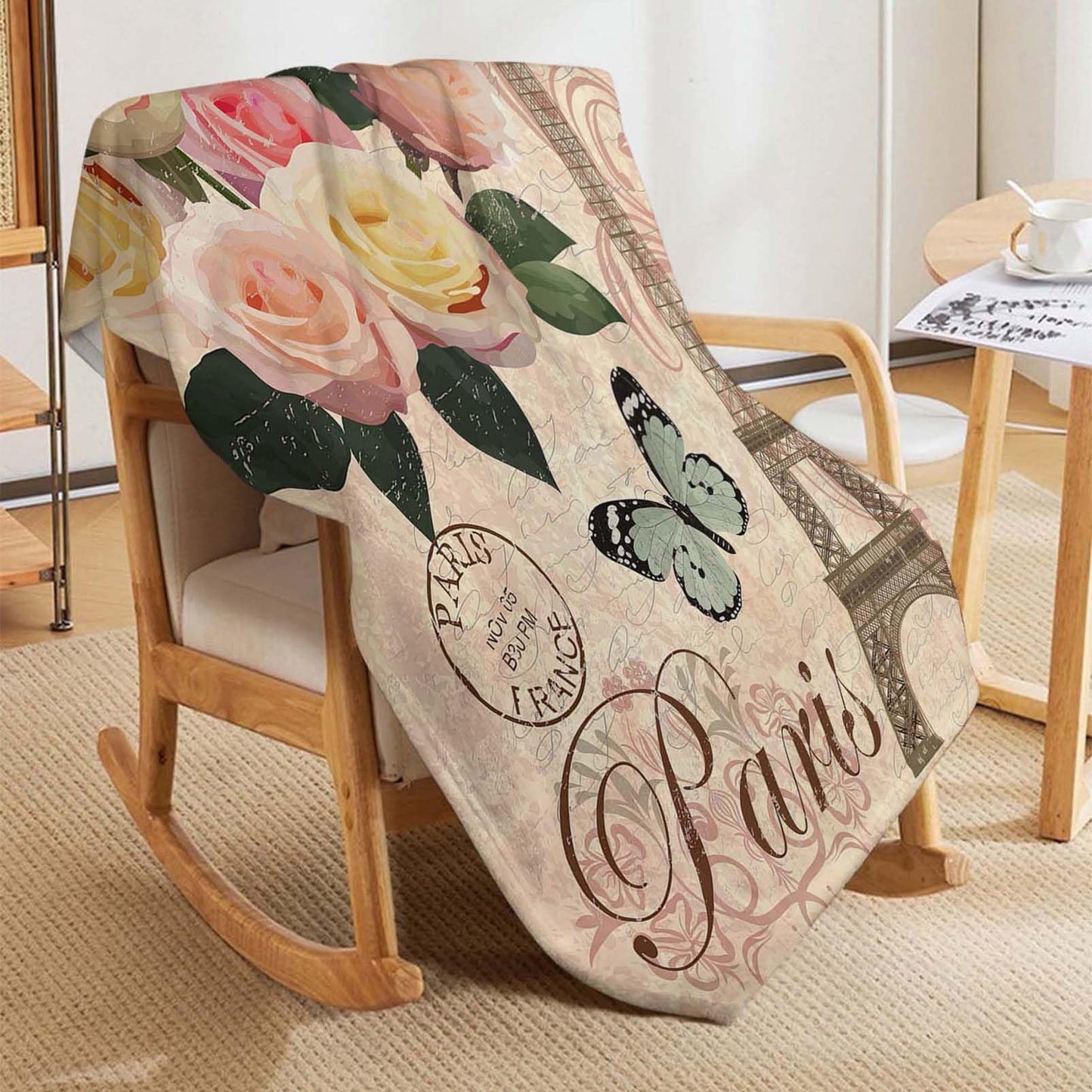 Throw Blanket 60x80 Inch,Vintage Paris Flower Eiffel Towel Rose Cozy Soft Lightweight Fuzzy Flannel Blanket 80x60 Inch Suitable for Couch Bed Sofa Living Room in All Seasons