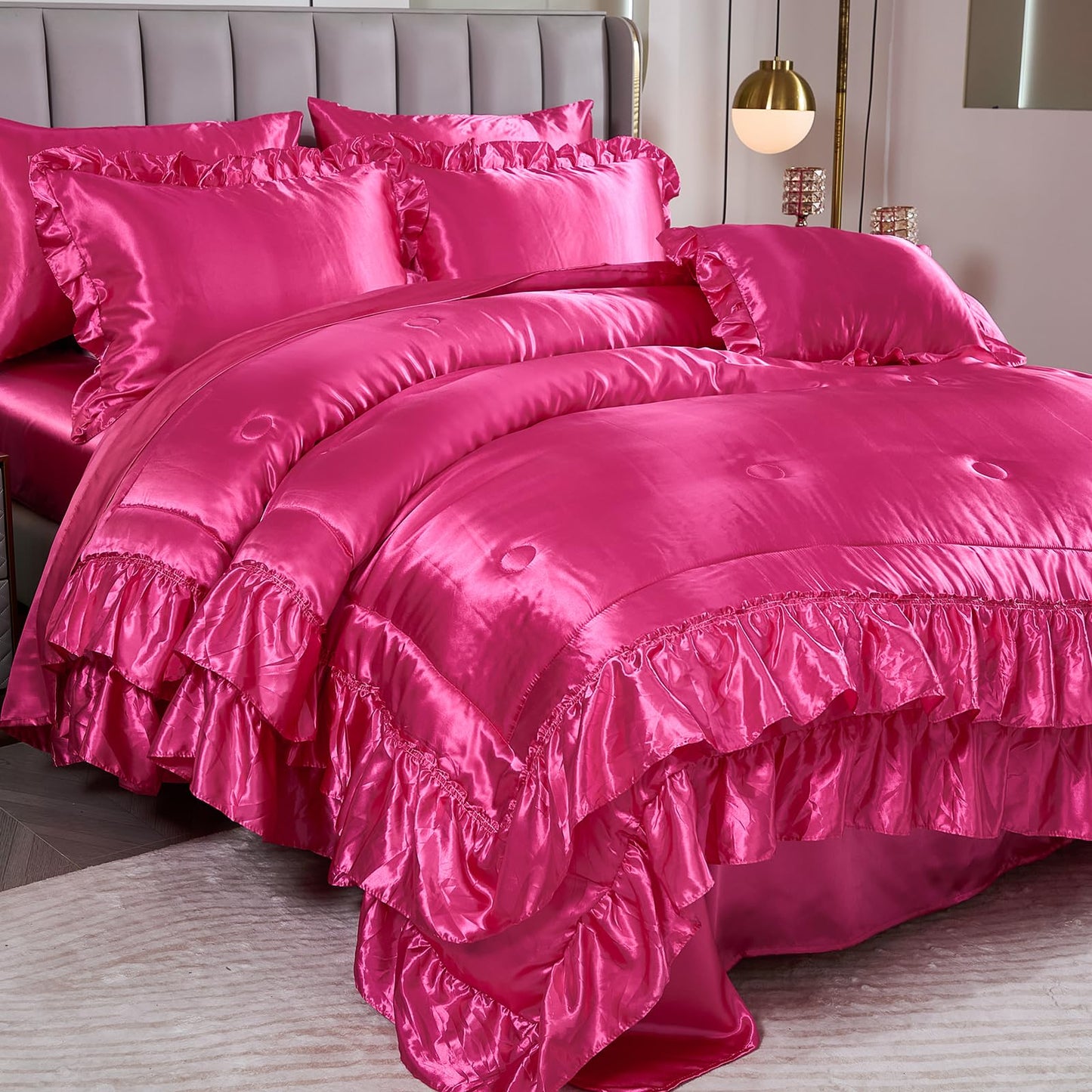 Satin Bed Set King Size,Luxuxy Satin Comforter Set with Sheets,Hot Pink Comforter Set,Silk Like Satin Bedding,8-Piece Ruffle Comforter Bed in a Bag Set, Pink Aesthetic Bedding Set