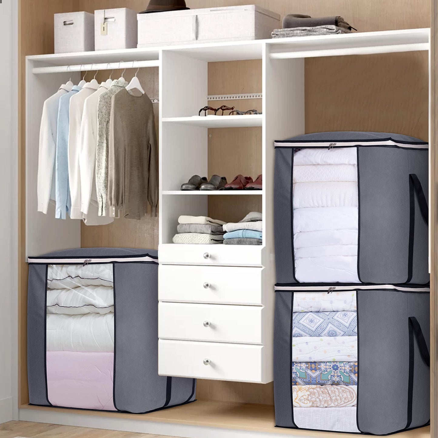 SLEEPING LAMB 120L Oversized Blanket Storage Bags Sturdy Fabric Clothes Storage Containers for King Comforter Bedding Pillow Sheet, Grey, 3 Packs