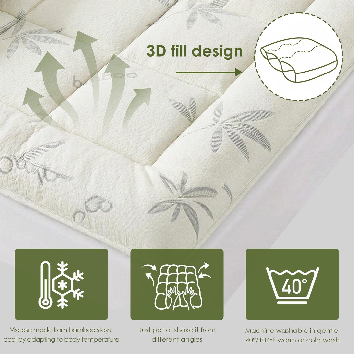 TREEFAIRY King Size Mattress Topper - Rayon Made from Bamboo Thick Pillow Top Mattress Pad with Stretchable Pockets for 6-16 inches Mattress, Light Grey