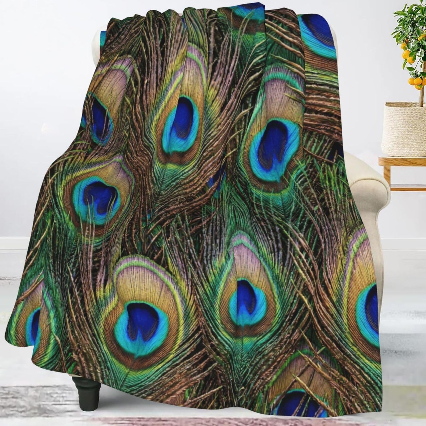 Perinsto Peacock Feather Throw Blanket Ultra Soft Warm All Season Decorative Fleece Blankets for Bed Chair Car Sofa Couch Bedroom 50"X40"