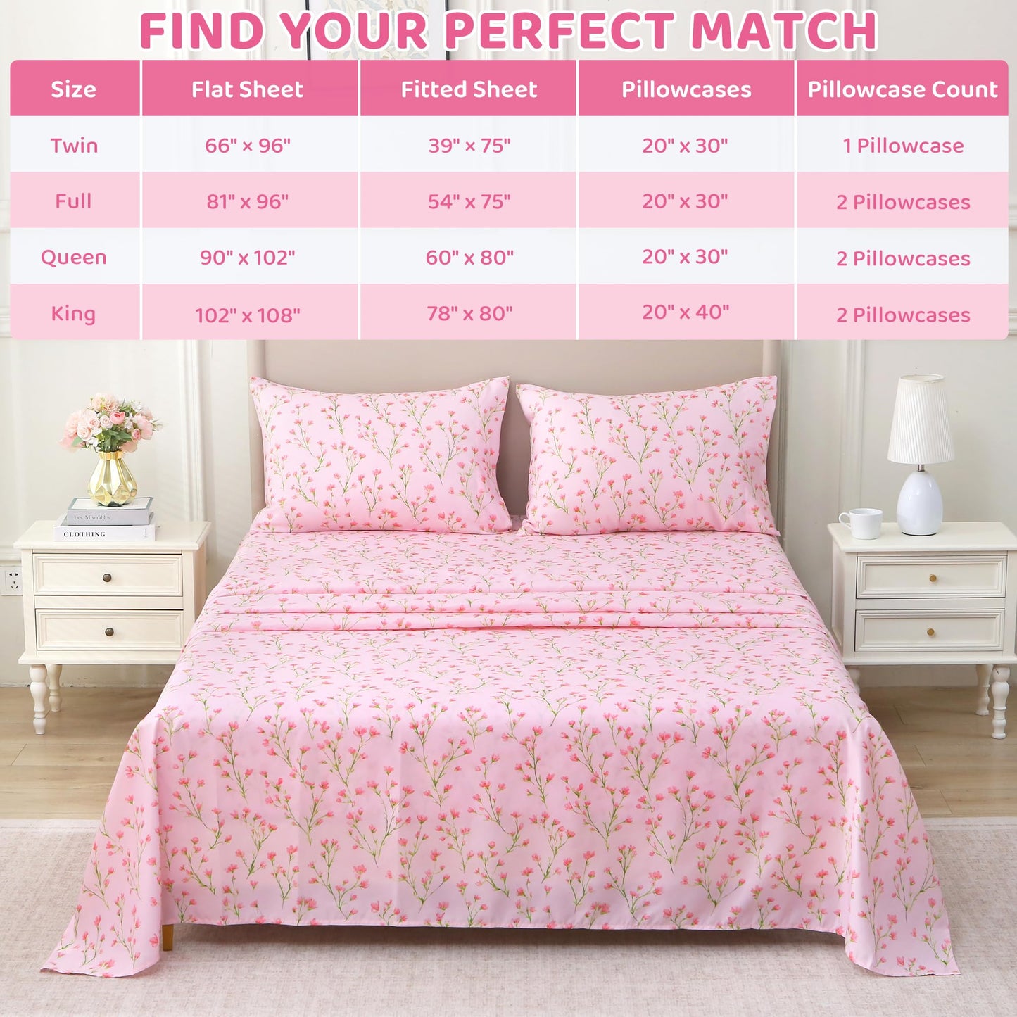 Mooreeke Cozy Floral Microfiber Printed Queen Sheet Set - Soft & Breathable Pink Flowers Bed Sheets with Deep Pocket - Non-Slip Fitted Design - Pink Flowers with Green Branches Pattern - Queen