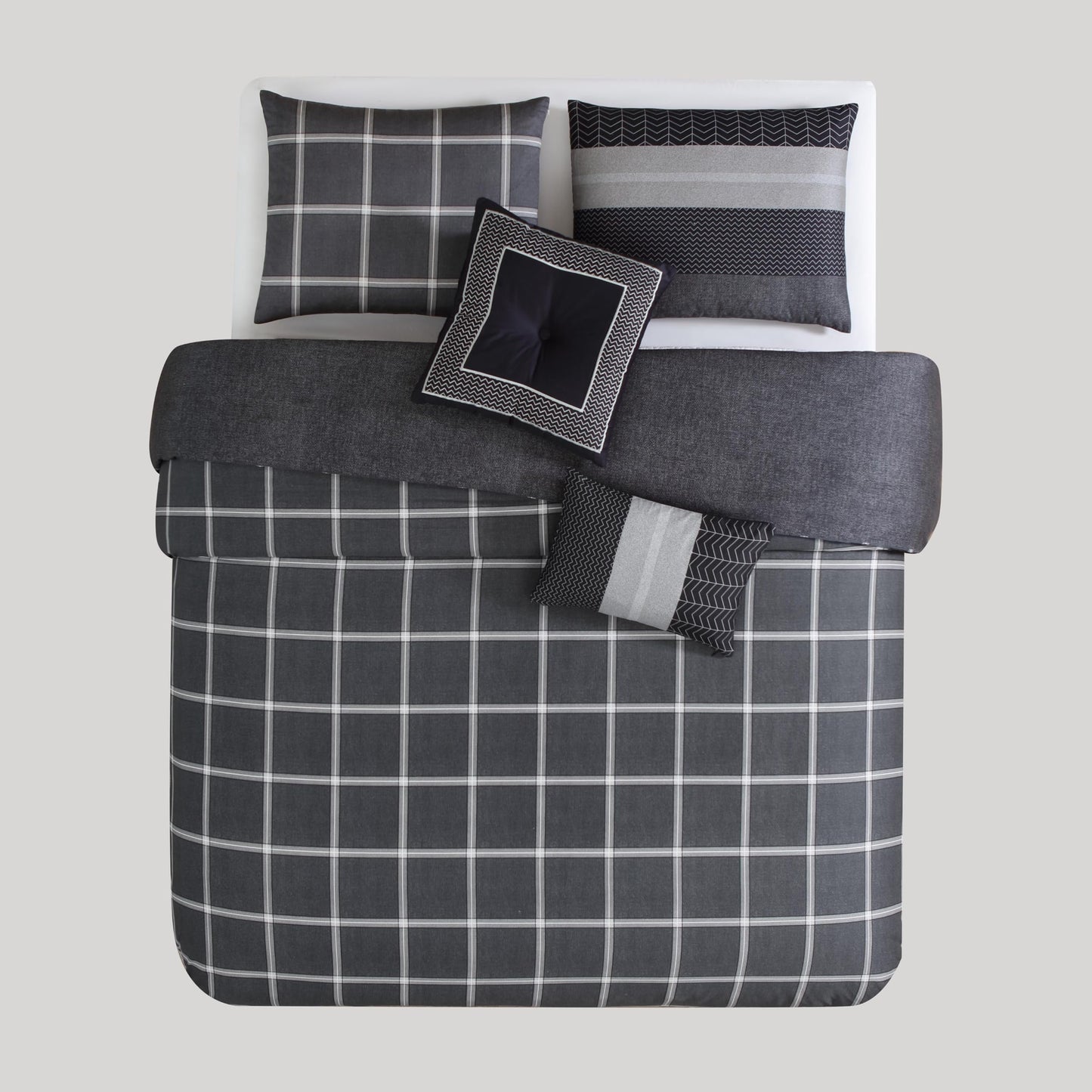 Bebejan Kyle 100% Cotton 5 Piece Comforter Set, Polyfill, Black, Gray Herringbone Tweed Printed Pattern, Reversible, 1 Comforter, 2 Shams, 2 Pillows (King/Cal King)