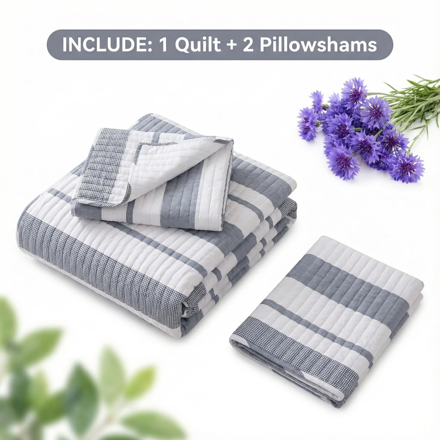 BOV Gray White Striped Quilt Set King Size 100x92 – Coastal Striped Quilt Set, Lightweight Summer Bedspread, Oversized King Quilt with 2 Pillow Shams, Breathable Coverlet Bedding