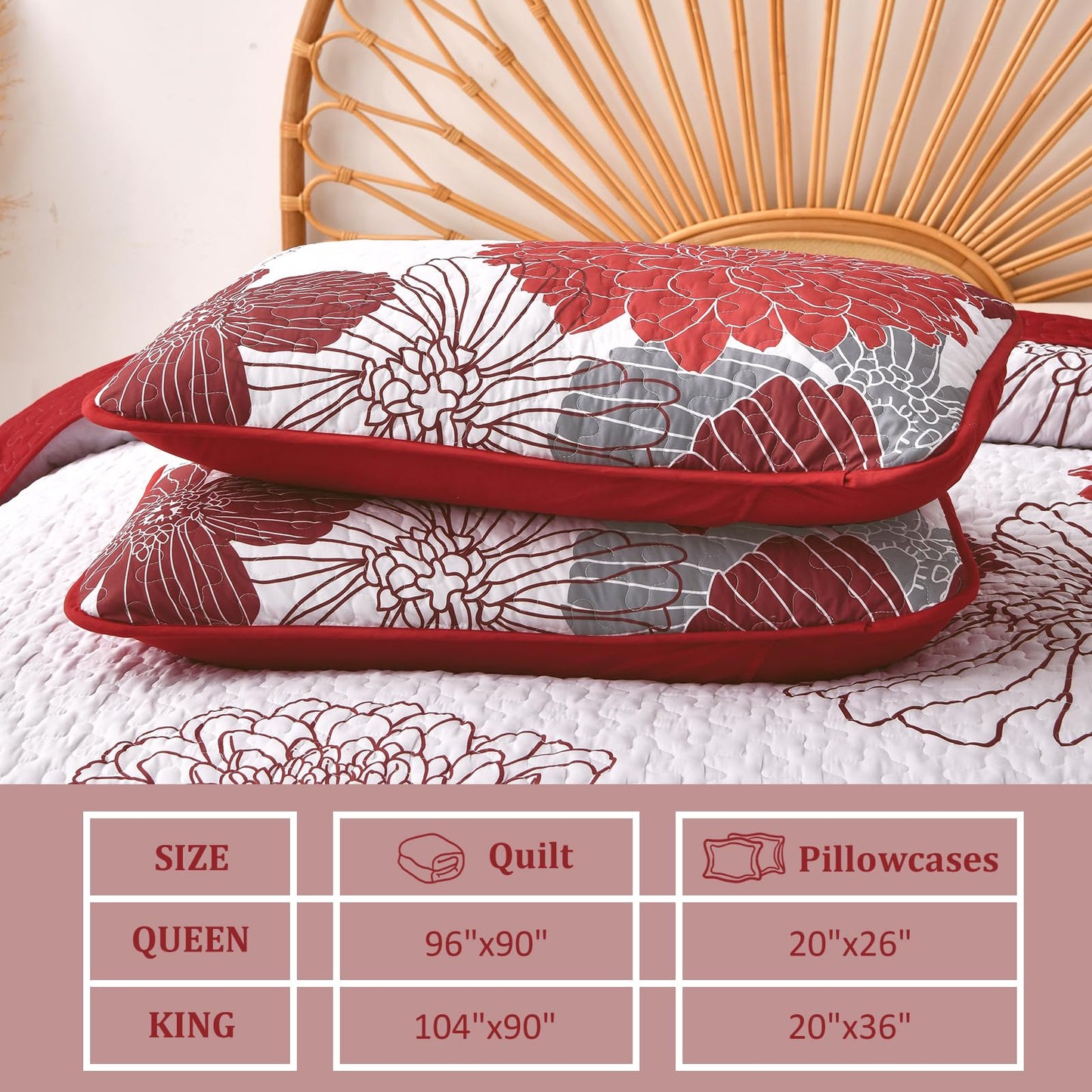 Queen Quilt Sets Red Floral Pattern Quilt Bedding Set, 3 Pieces Botanical Quilt Soft Microfiber Bedspread Coverlet Set, Boho Bed Cover Bedding Set for All Season(96" x 90)