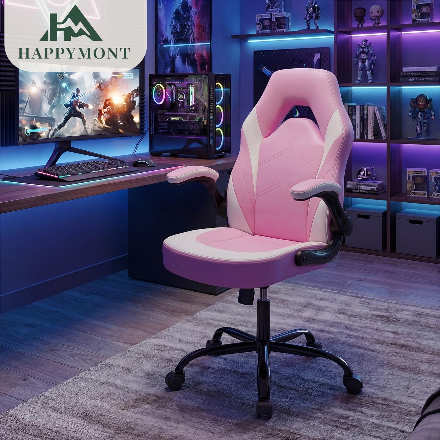 HAPPYMONT Ergonomic Computer Gaming Chair - Home Office Desk with PU Leather Lumbar Support, Height Adjustable Big and Tall Video Game with Flip-up Armrest, Swivel Wheels for Adults,White and Pink