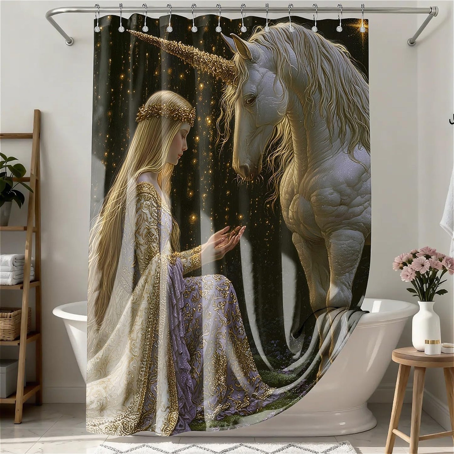 TANGXUNFA Princess and Unicorn Shower Curtain for Bathroom, Water-Resistant Long Shower Curtain Set 72x72 Inch with Metal Grommets and 12 Metal Hooks
