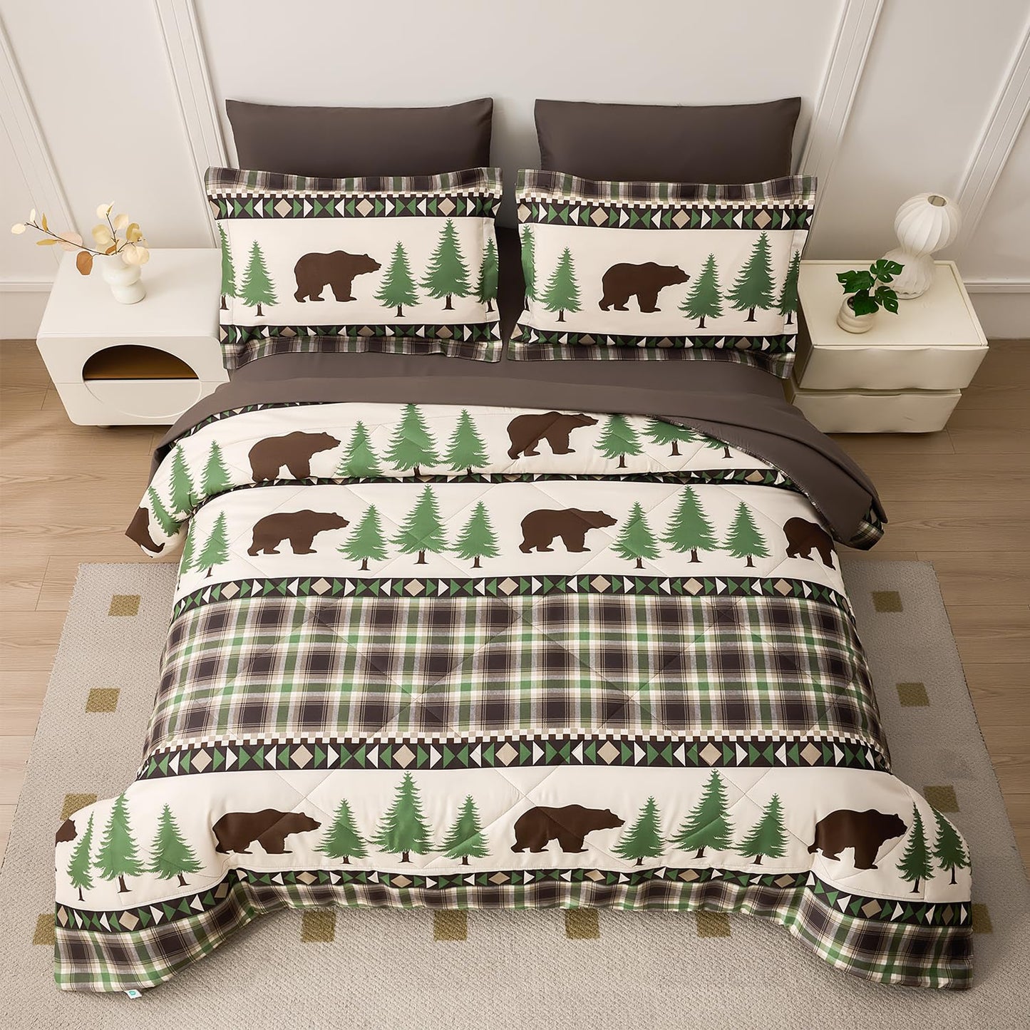 Smuge Lodge Moose Comforters Queen Size Set - 7 Pieces Bed in a Bag Bear Rustic Cabin Country Comforter Sets Queen Bed, Down Alternative Bedding Sets, Sheets, Pillowcases & Shams(Coffee Green)