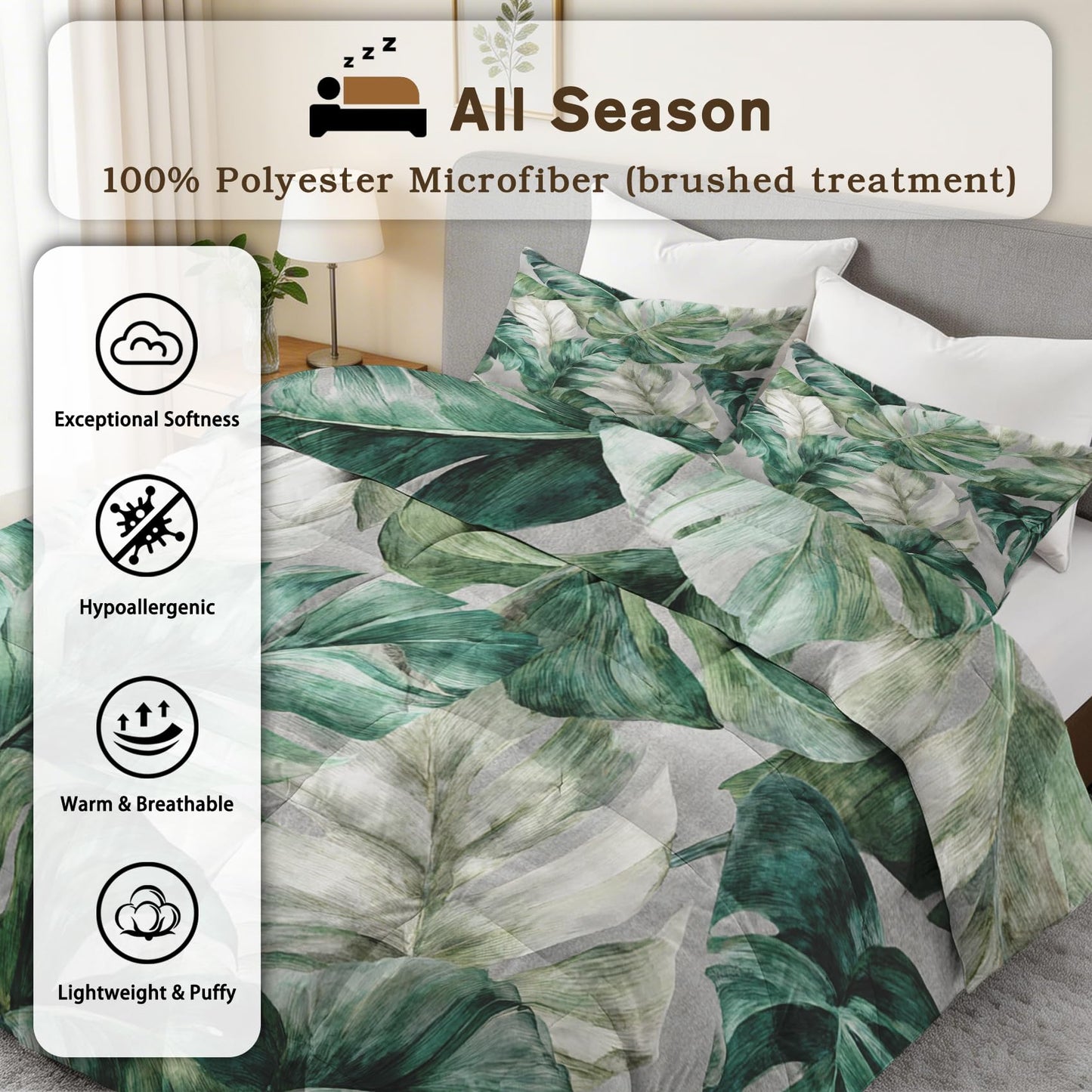 Monstera Leaf Comforter Set King Size 3Pc, Tropical Botanical Leaves Pattern Down Alternative Bed Comforter, 2 Pillow Shams, Soft All Season Bedding, Monstera Leaf Bedroom Decor AF3788