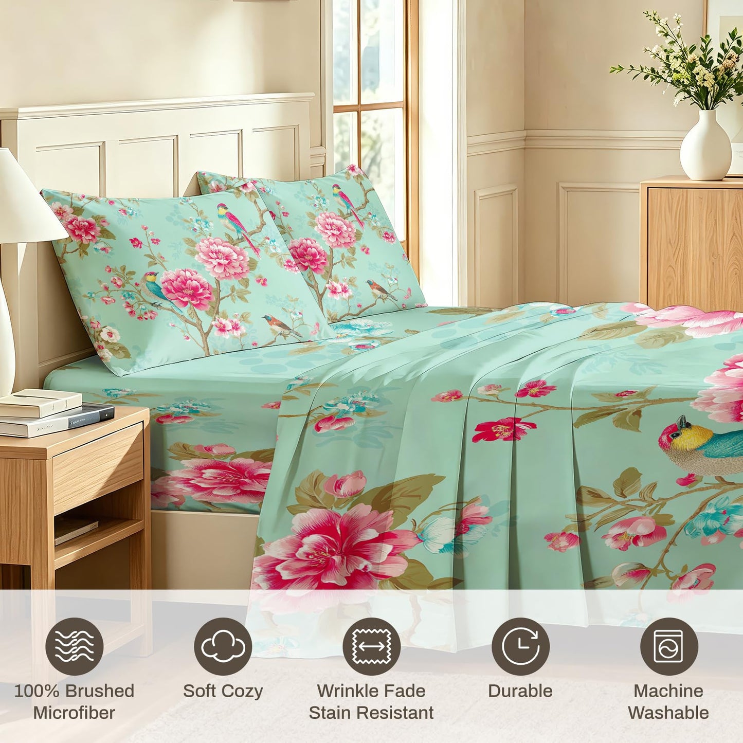 Bird and Peony Bedding Set 4 Pcs Chinoiserie Full Sheets