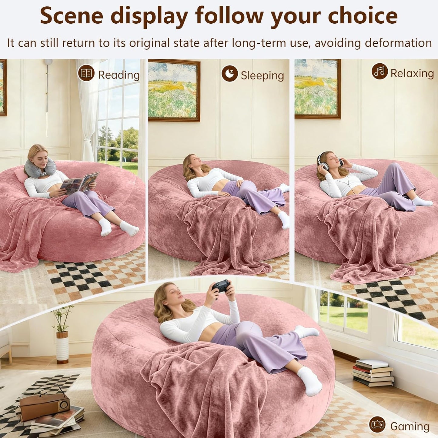 Big Bean Bag Chairs for Adults ,6FT Bean Bag Chair with Filler Memory Foam Chair Super Soft Plush, Living Room Furniture, Suitable for bedrooms,Reading Chairs (Pink, 6FT)