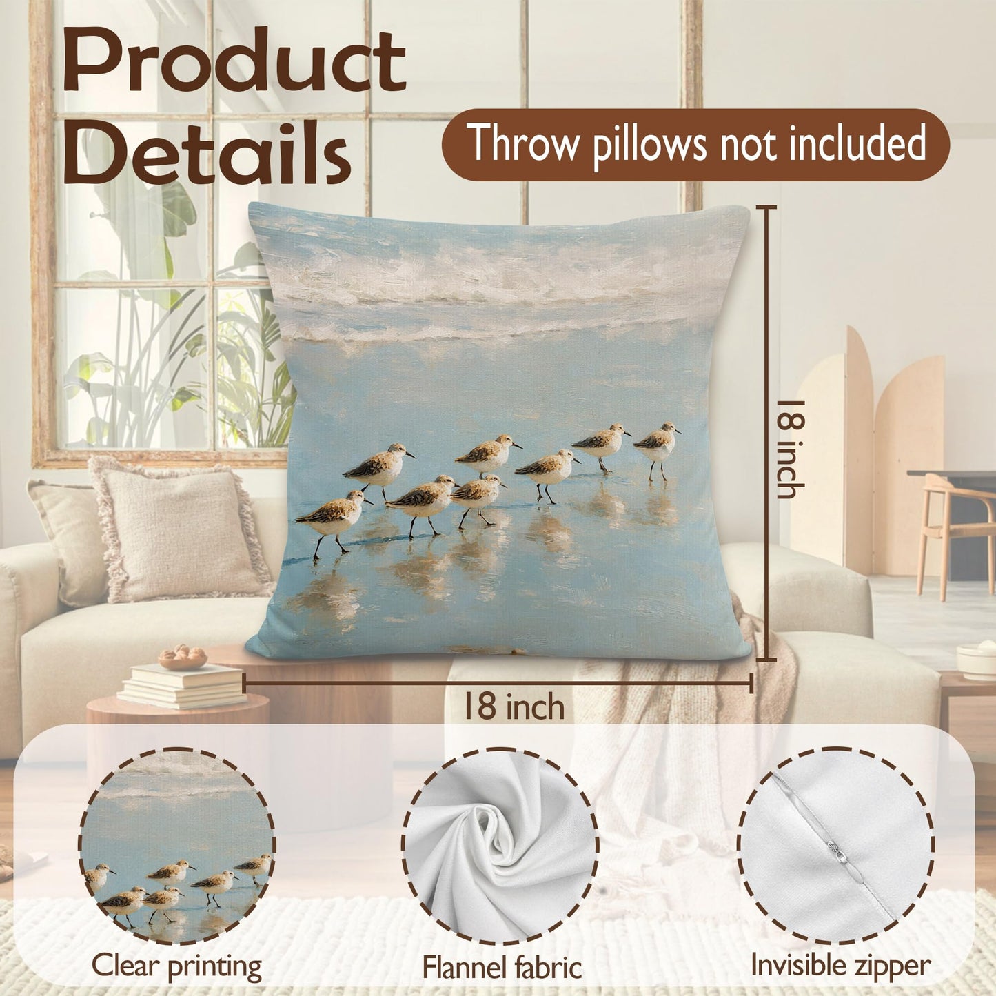 Lengues Coastal Beach Bird Pillow Covers 18x18 inches, Bird Lover Gifts Throw Pillow Covers, Coastal Ocean Beachy Sandpiper Decorative Pillowcases for Home Bed Bedroom Living Room Couch