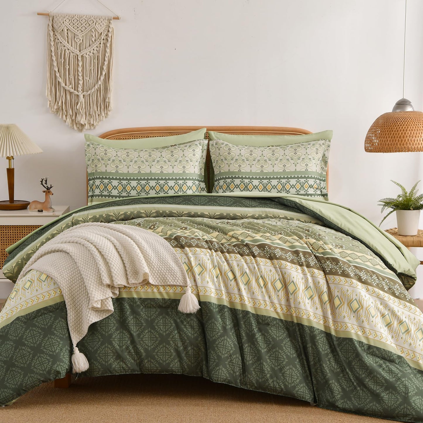 Boho Comforter Set Queen Size,7 Pieces Sage Green Bedding Set Bed in a Bag,Paisley Floral Comfortet and Sheet Set,Soft Striped Bohemian Comforter with Sheet for All Season