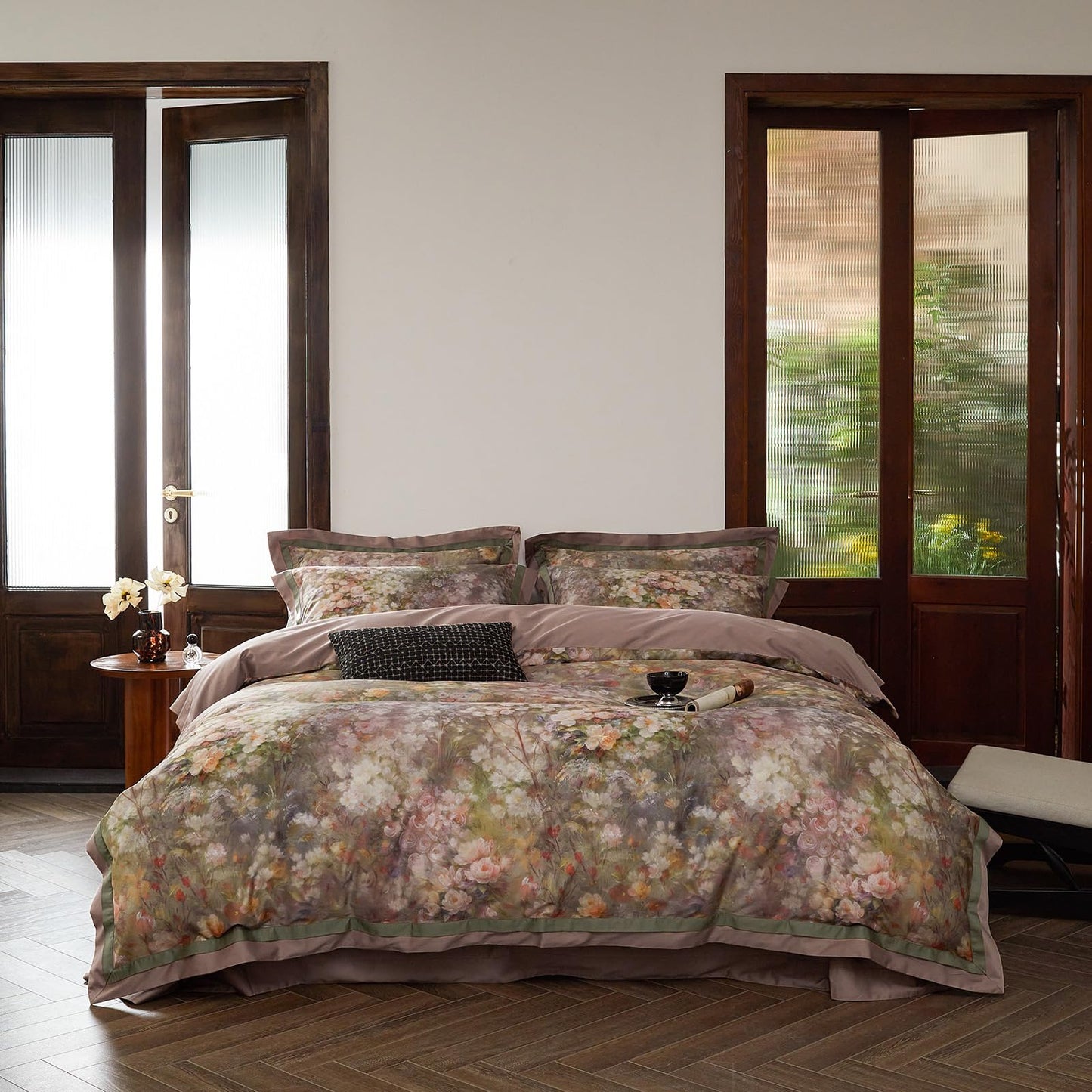 VM VOUGEMARKET Garden Flower Duvet Cover Set Queen,3 Pieces Pink Floral Duvet Cover with 2 Pillow Shams Smooth Silky Long Staple Cotton Bedding Set-Queen,90x90 Inch