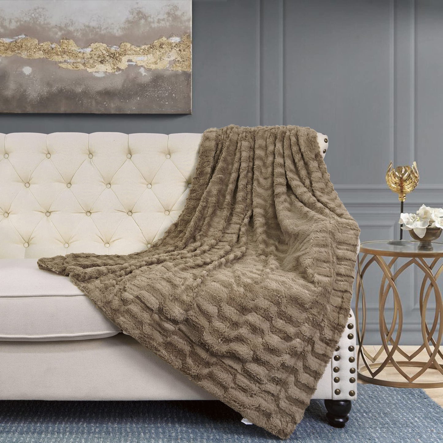 Home Soft Things Brown Saga Double Sided Faux Fur Throw, 60" x 80", Taupe Comforable Soft Cozy Throw Blanket for Chair Bedroom Living Room Sofa Couch Bed Outdoor