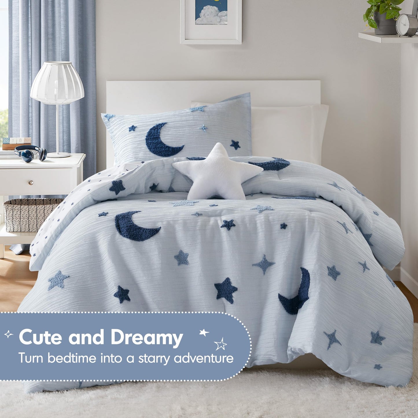 Intelligent Design Kids Cosmos Twin Size Comforter Set – Blue Star and Moon Tufted Chenille, Reversible 3-Piece Bedding with Star Pillow