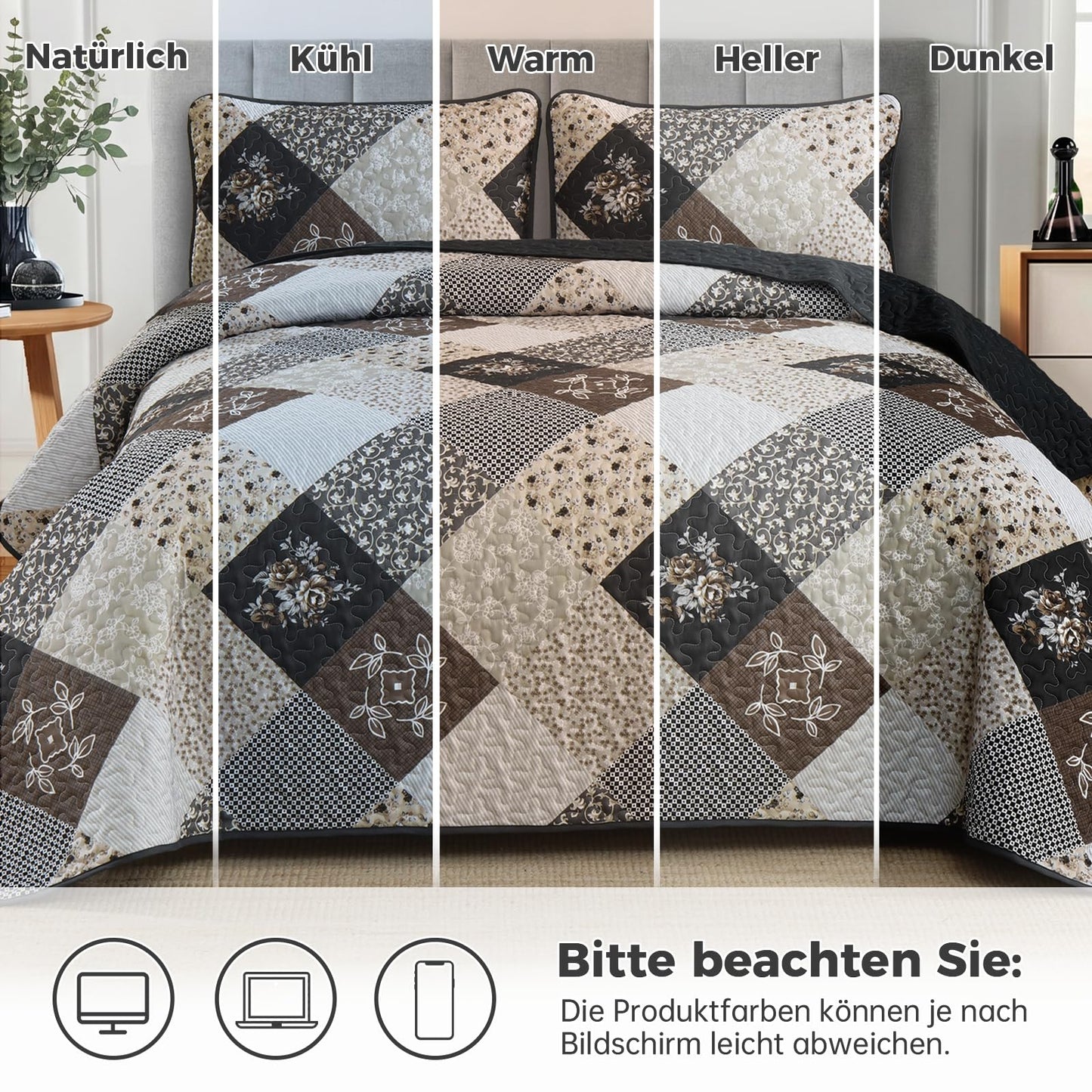 Dinjoy Black Brown Quilt Set King Size,Reversible Floral Plaid Patchwork Pattern Bedding Set Soft Microfiber Lightweight Bedspread Coverlet 3 Piece Spring Summer Use (110"×90")