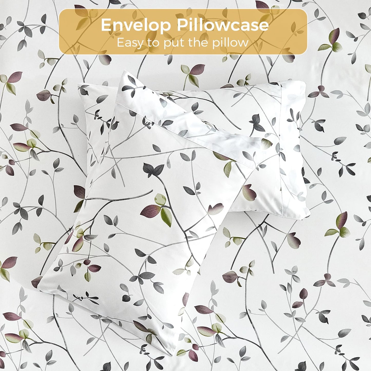 Tokokimo Floral Sheets Set King Size, 16 inches Deep Pocket Fitted Sheet, Flat Sheet & Envelope Closure Pillowcases, Soft Breathable Microfiber Sheet Set 4-Piece, White Leaf Floral