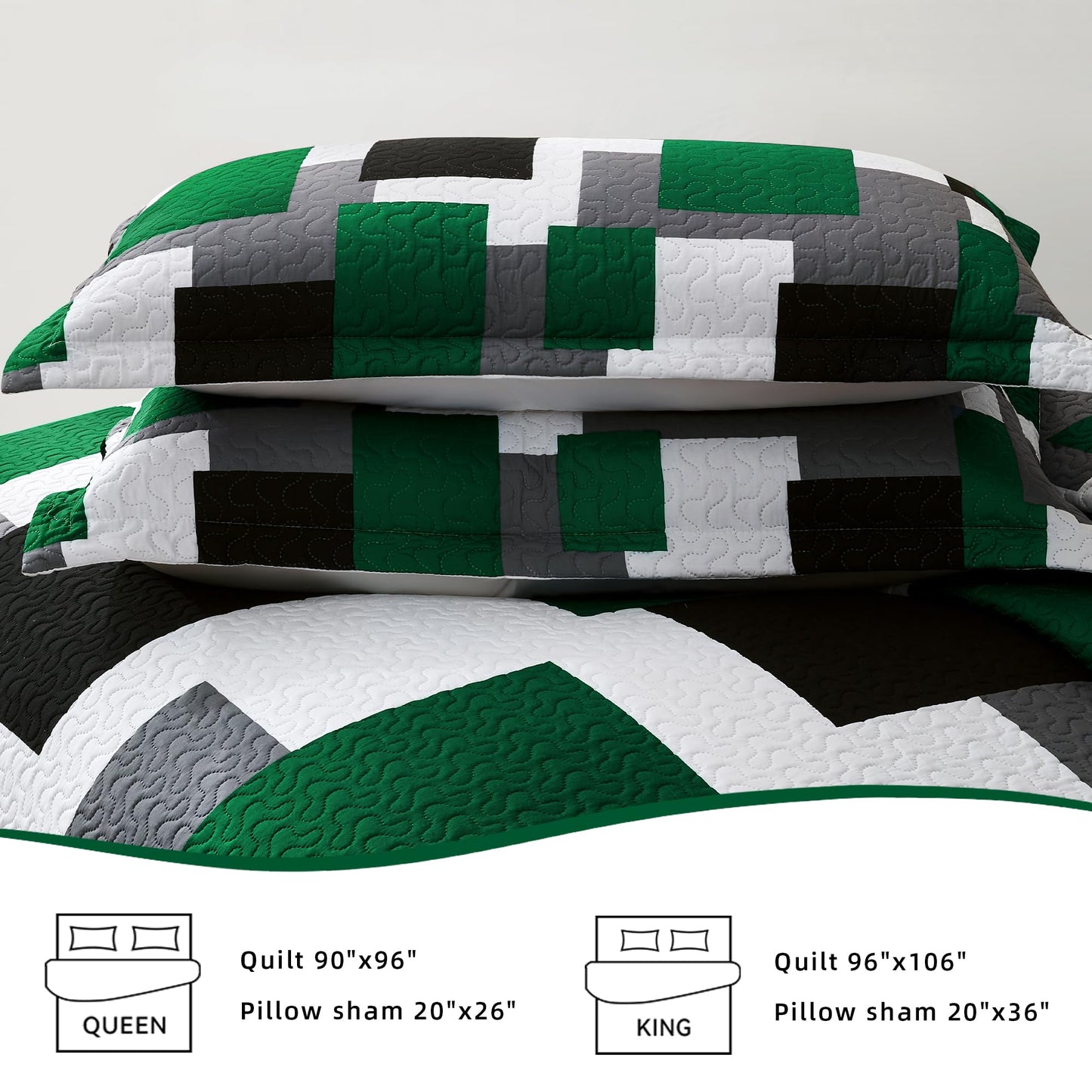 Tyrot 3 Piece Green Quilt Set Full/Queen Size Green Black White Geometric Reversible Bedding Set Microfiber Lightweight Bedspread Coverlet with 2 Shams Modern Bed Cover for All Season, 90''x96''