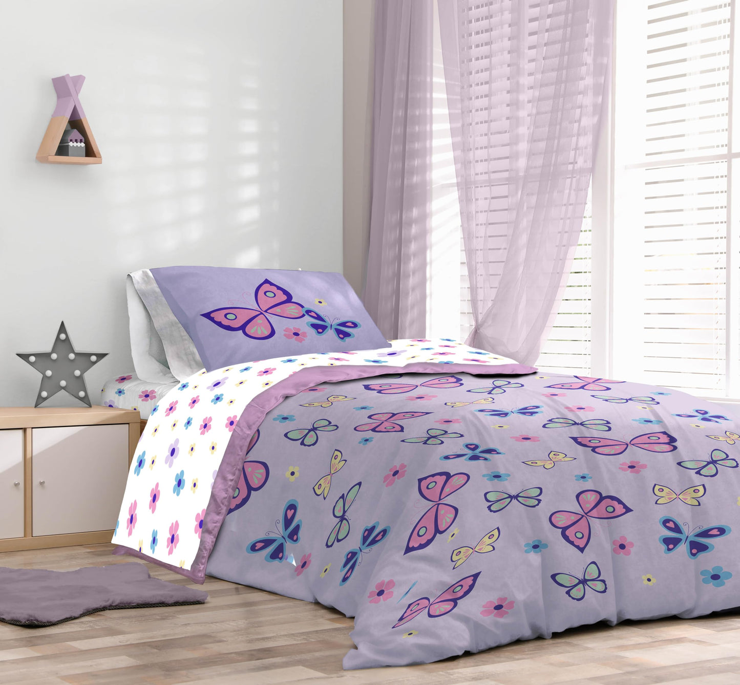Sunny Side Up Butterfly Full Comforter Set - 7 Piece Kids Bedding Includes Comforter, Sheets & Pillow Cover - Super Soft Purple Floral Microfiber Bed Set