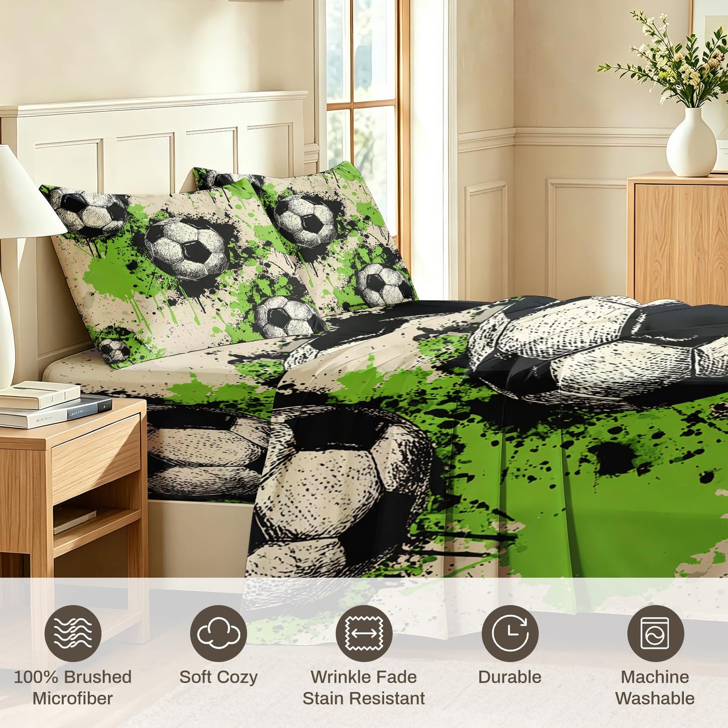 Graffiti Soceer Sheet Set, 4 Pcs Queen Size Boys Bed Sheets, Beige