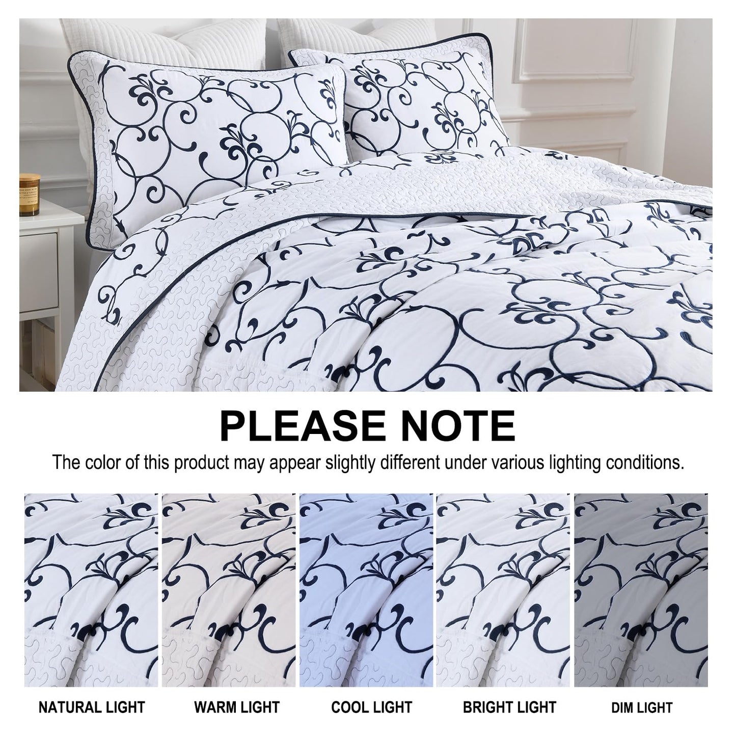 FineStichery Oversized Queen Bedspread 120"x102" - 100% Cotton Extra Large Quilt, Embroidered Bedspread Coverlet with Pillow Shams, Lightweight Quilted Bedding Set 3 Piece, Navy Blue/White