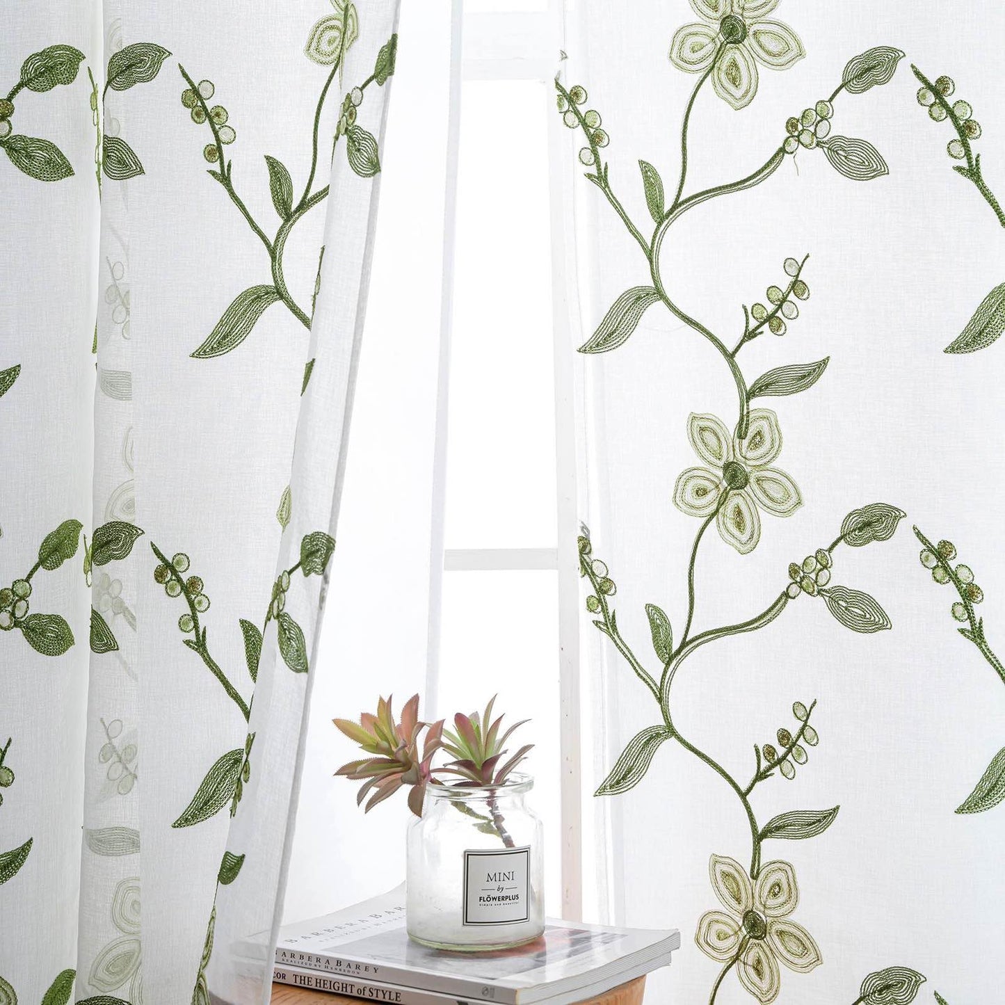 Petrichor Embroidered Sheer Curtain 2 Panels Set - Luxury Window Curtain Attached Valance with Satin Backing and 2 Tie Backs for Living Room,Dining Room, 54x84 inches, Sage Green