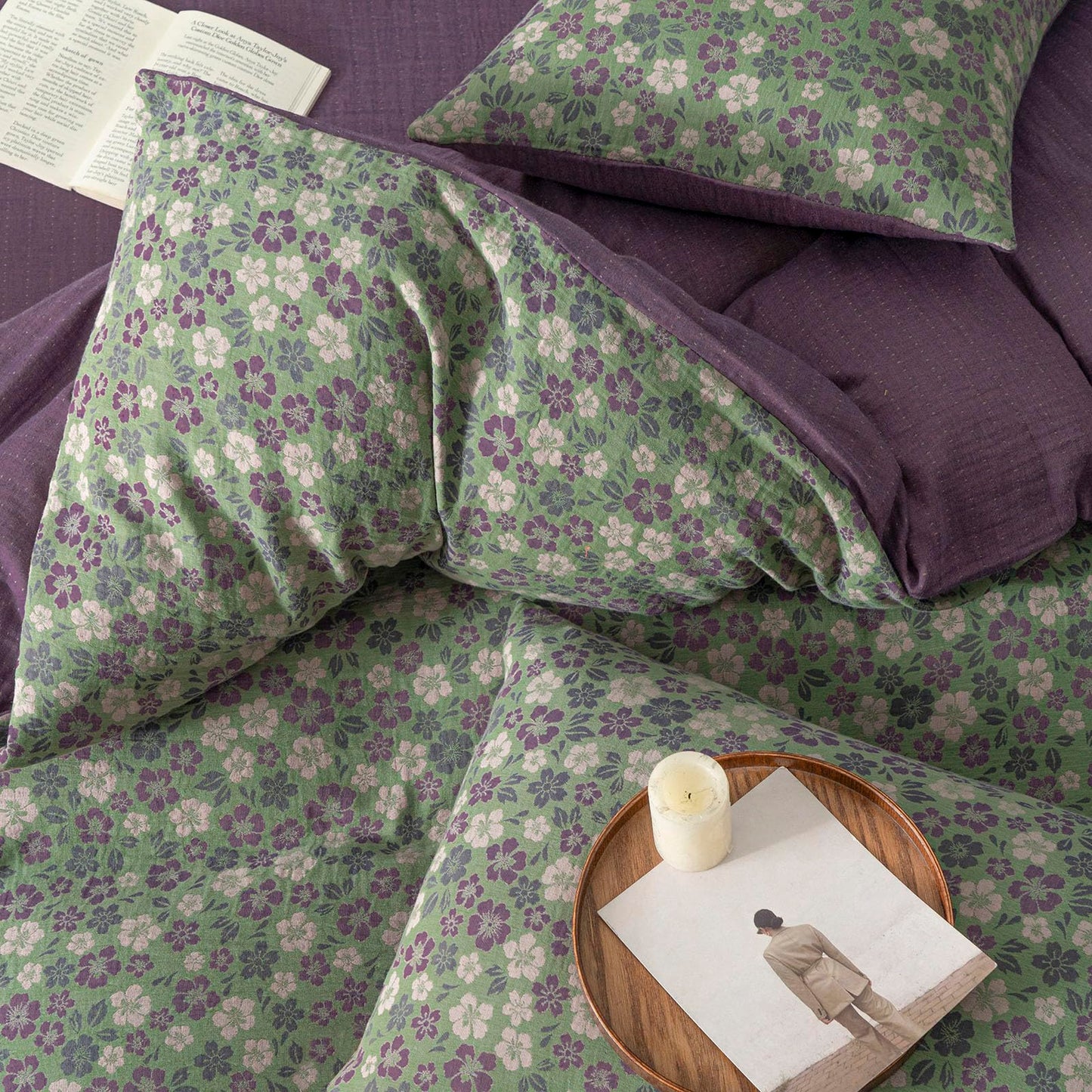 VM VOUGEMARKET Green & Purple Floral Jacquard Duvet Cover Set Queen,Breathable Double Layer Gauze Farmhouse Style Bedding Set for Home