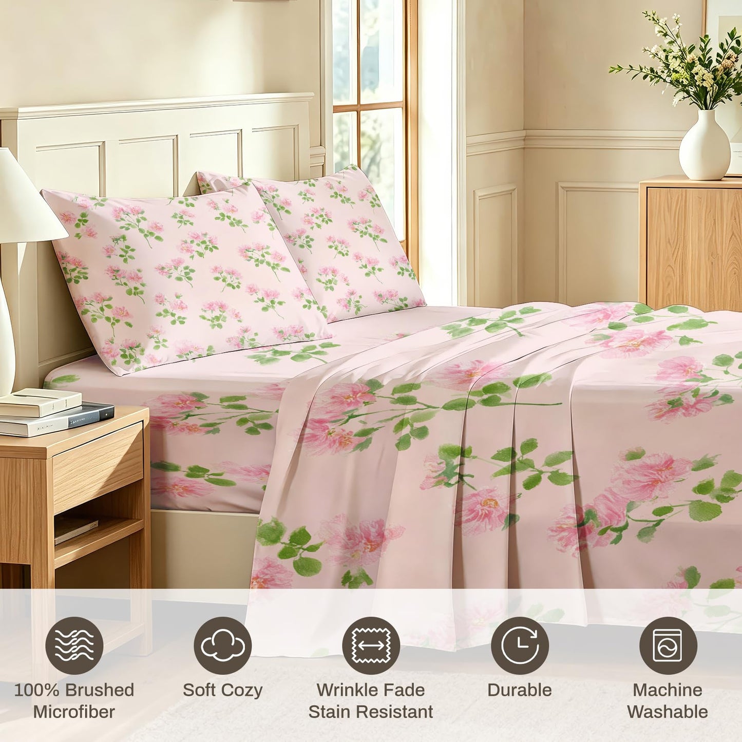 Pink Flower Queen Sheet Set Botanical Flat Fitted Sheet Sets
