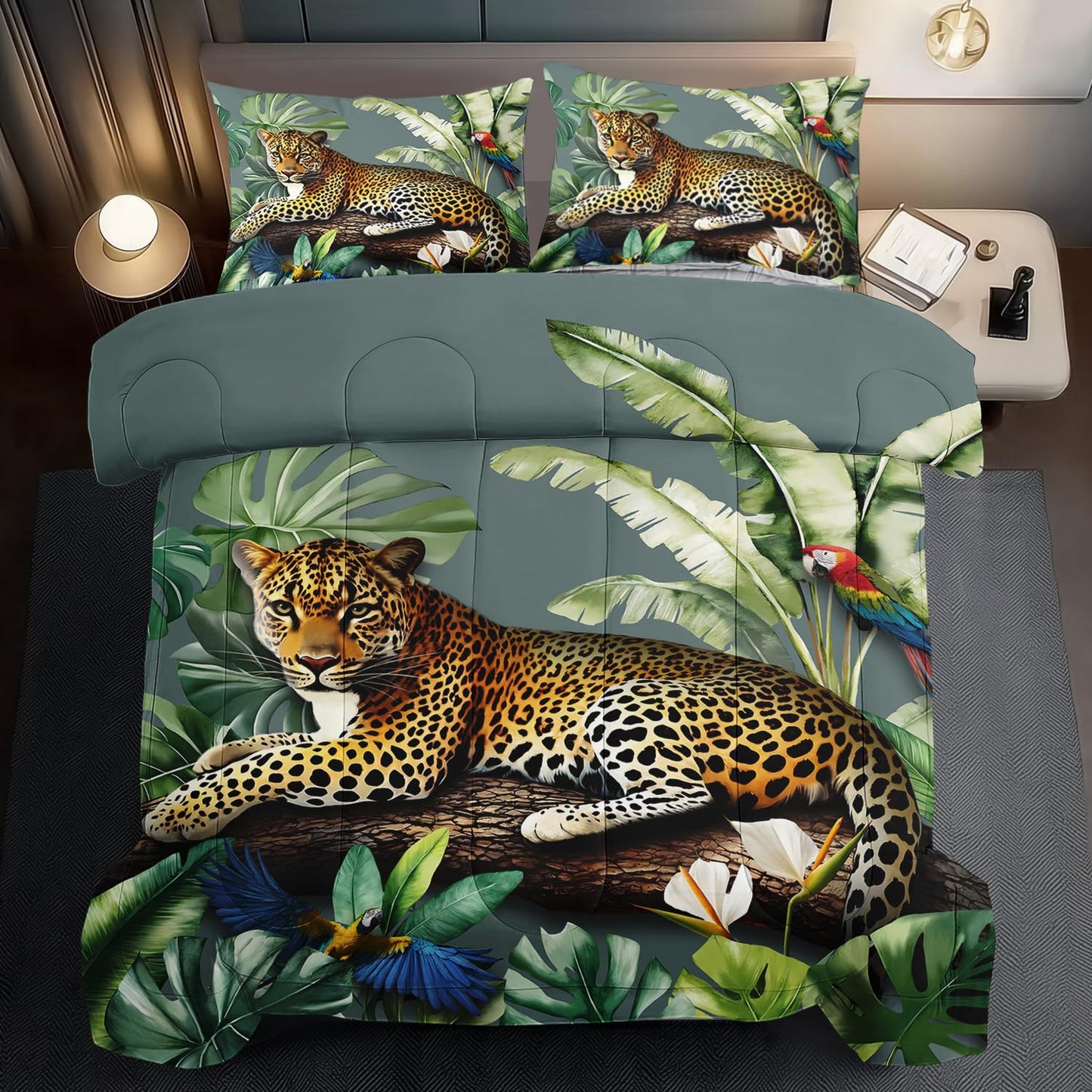 llyxsesty Animal Leopard Print Comforter Set King Animal Cheetah Print Comforter Set Boys Girls Floral Leopard Bedding Bedroom Decor Floral Cheetah Bedding King Jungle Plant Room Decor