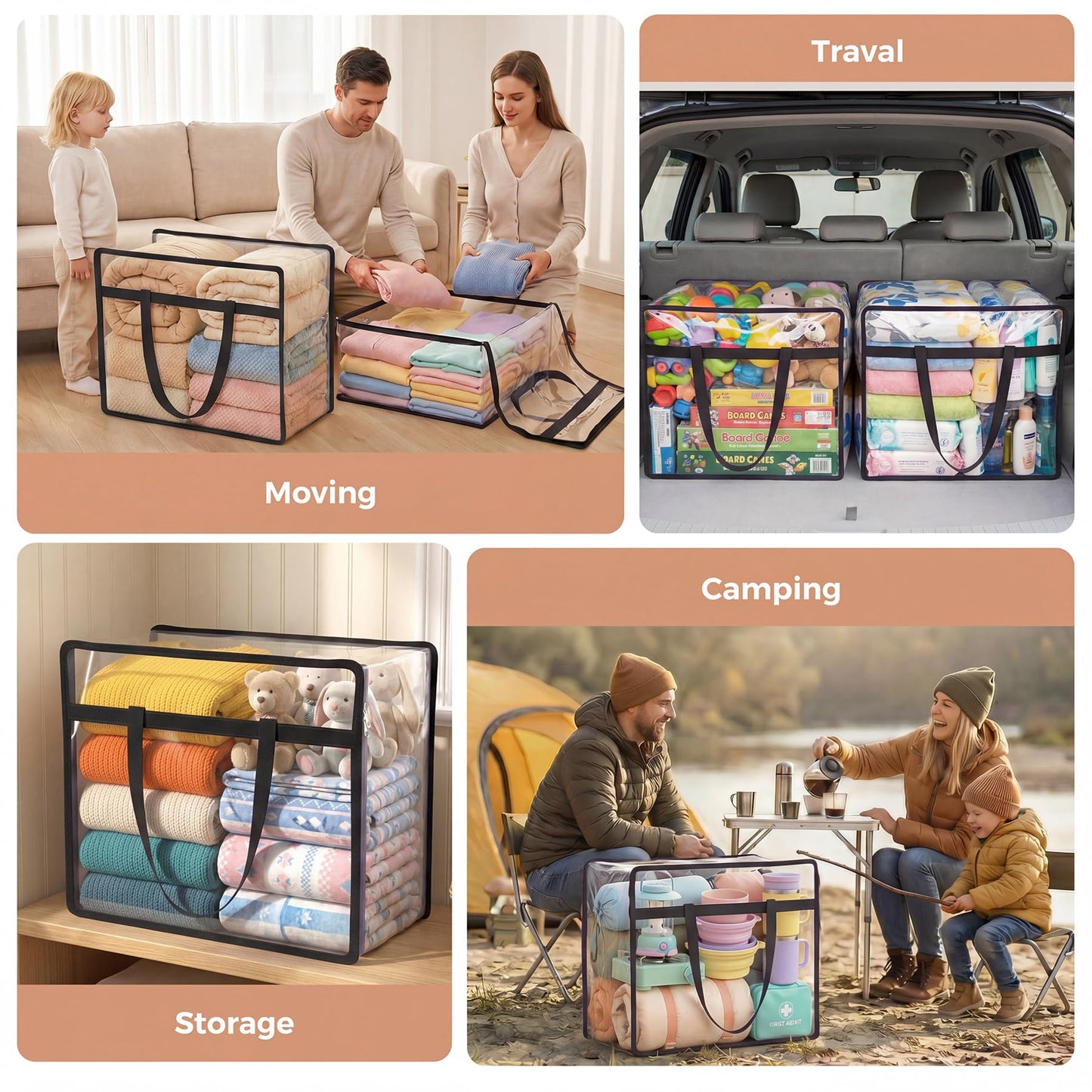 Budding Joy 6 Pack Clear Zippered Storage Bags for Clothes,40L Closet Organizers and Storage Containers Vinyl Moving Bag for Bedding, Linen, Blankets, Comforters, Clothing & Toys, Black